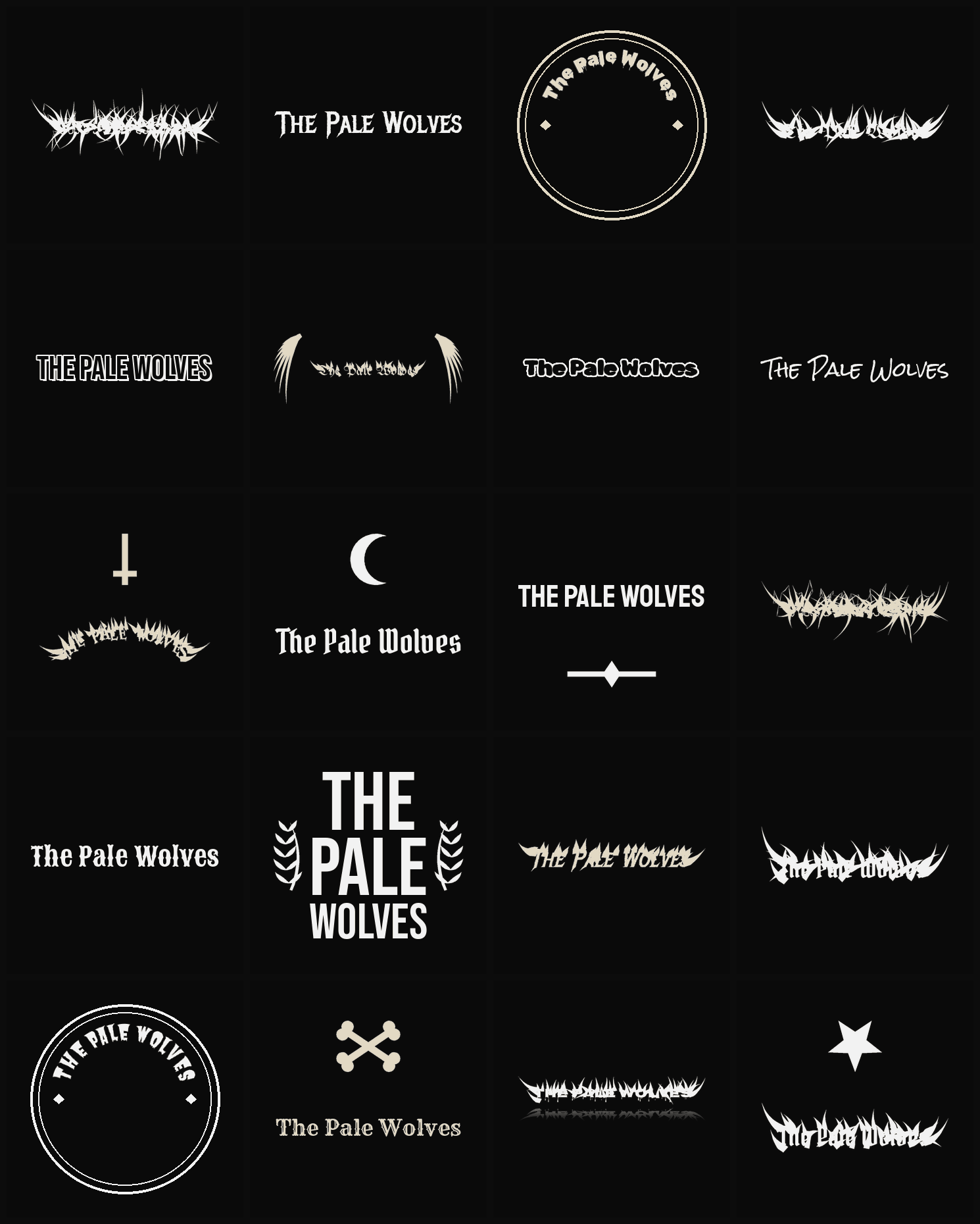 Twenty The Pale Wolves band logo ideas — different faces, treatments and spike settings
