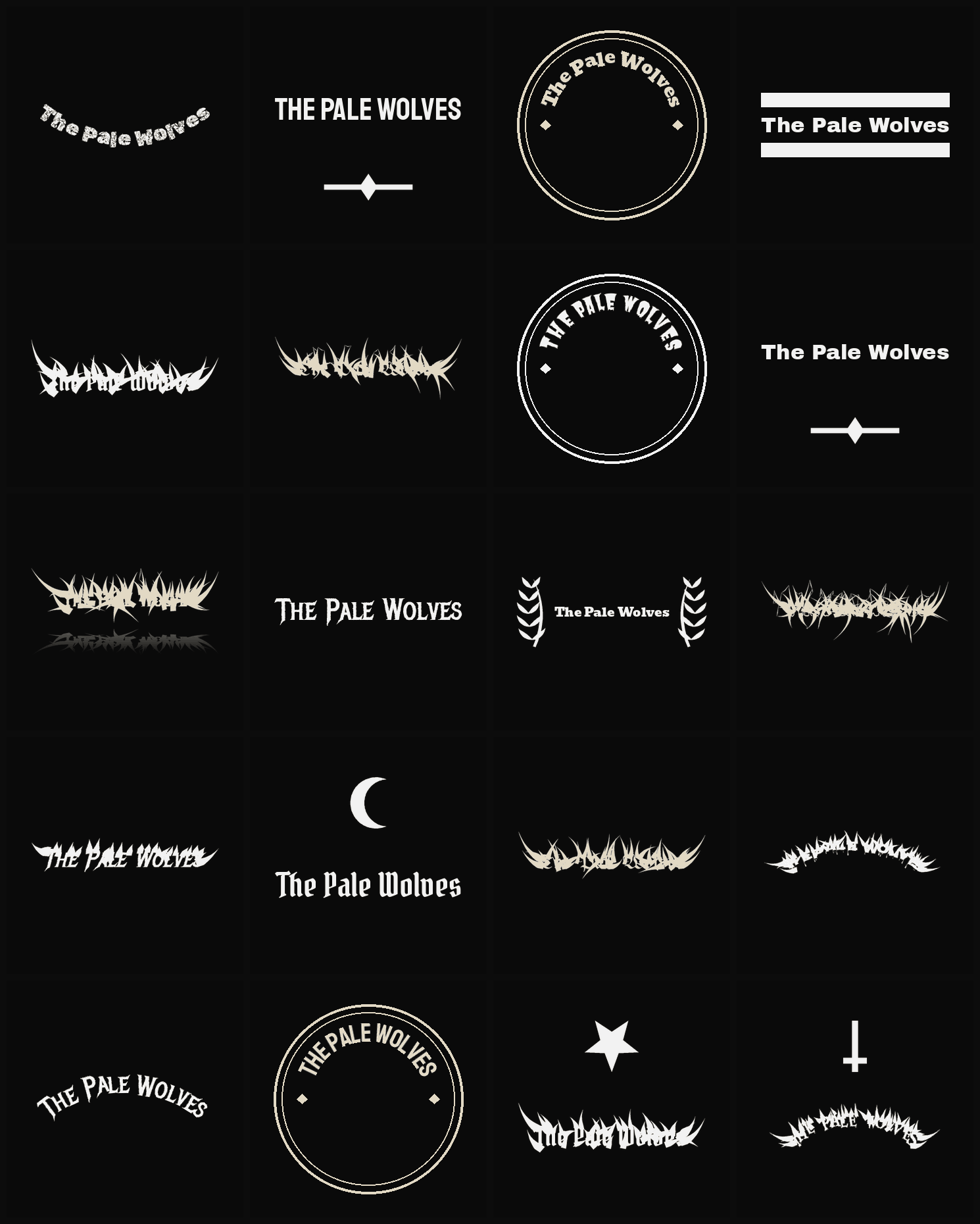 Twenty The Pale Wolves band logo ideas — different faces, treatments and spike settings