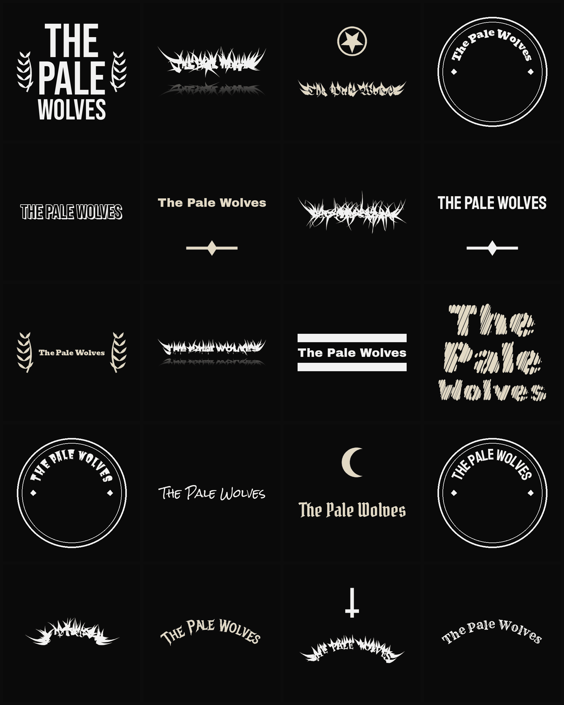 Twenty The Pale Wolves band logo ideas — different faces, treatments and spike settings