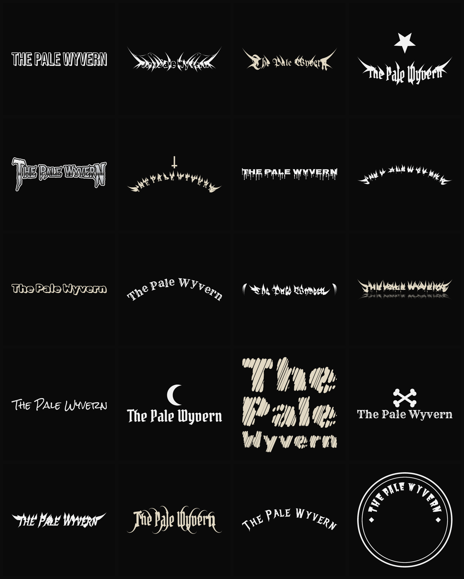 Twenty The Pale Wyvern band logo ideas — different faces, treatments and spike settings