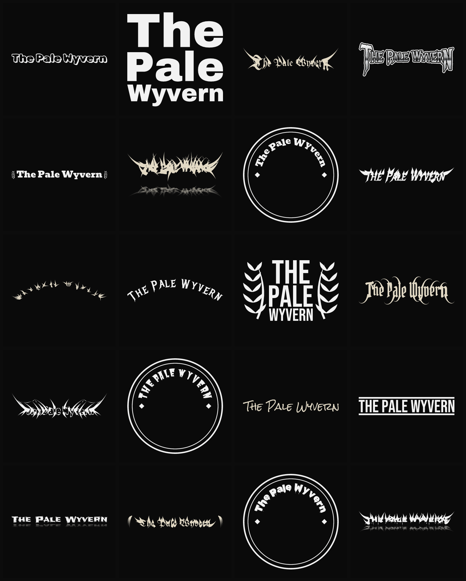 Twenty The Pale Wyvern band logo ideas — different faces, treatments and spike settings