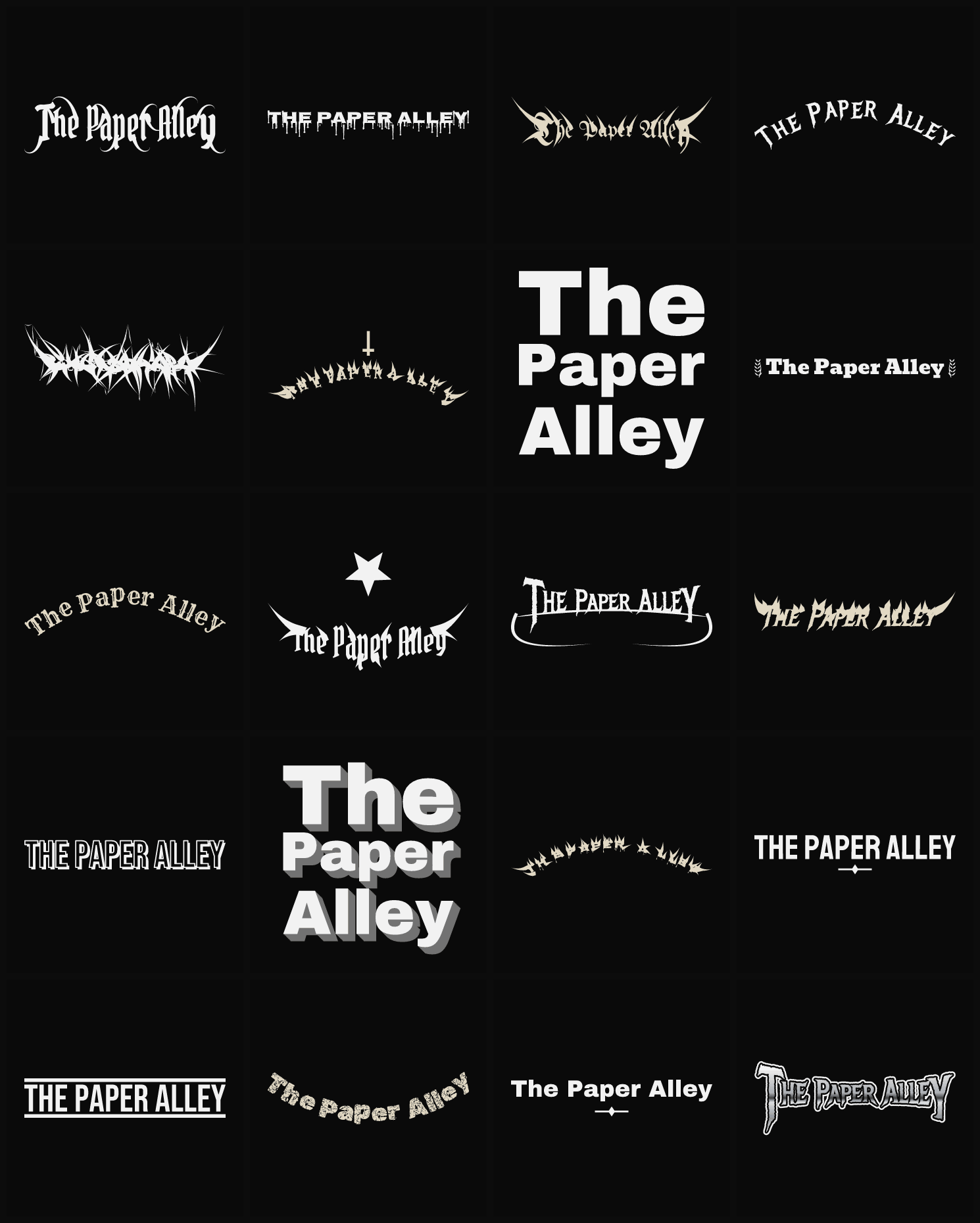 Twenty The Paper Alley band logo ideas — different faces, treatments and spike settings