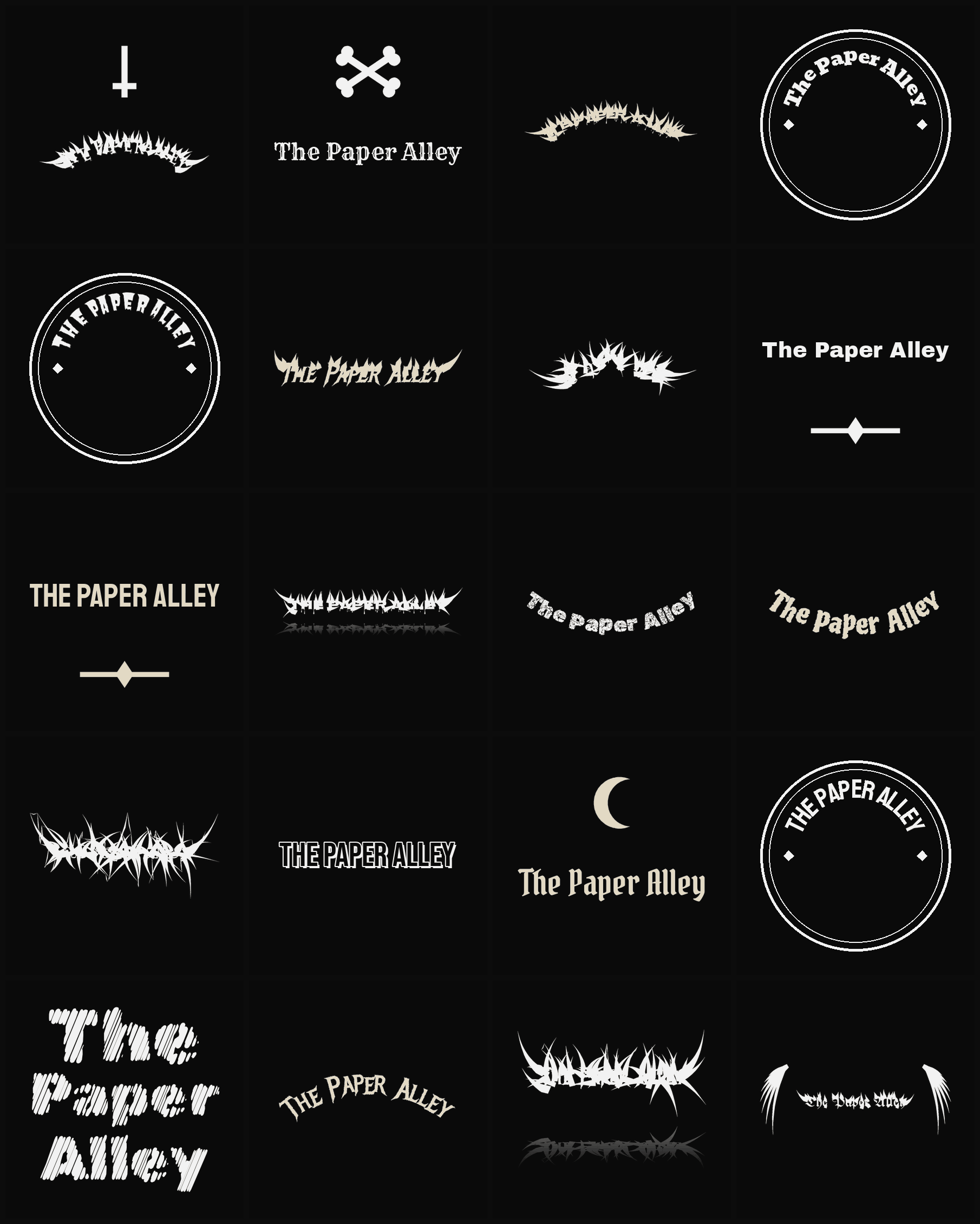 Twenty The Paper Alley band logo ideas — different faces, treatments and spike settings
