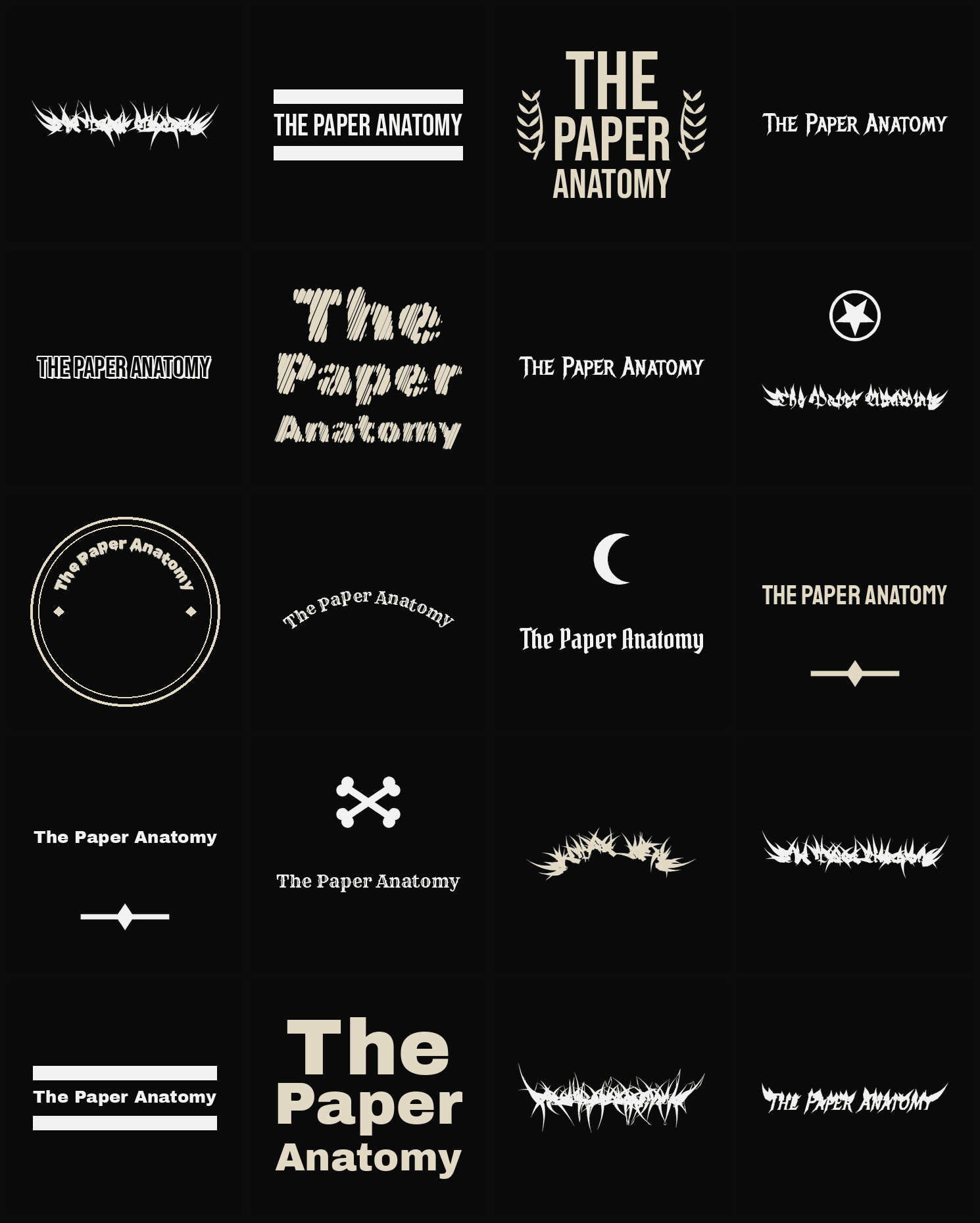 Twenty The Paper Anatomy band logo ideas — different faces, treatments and spike settings