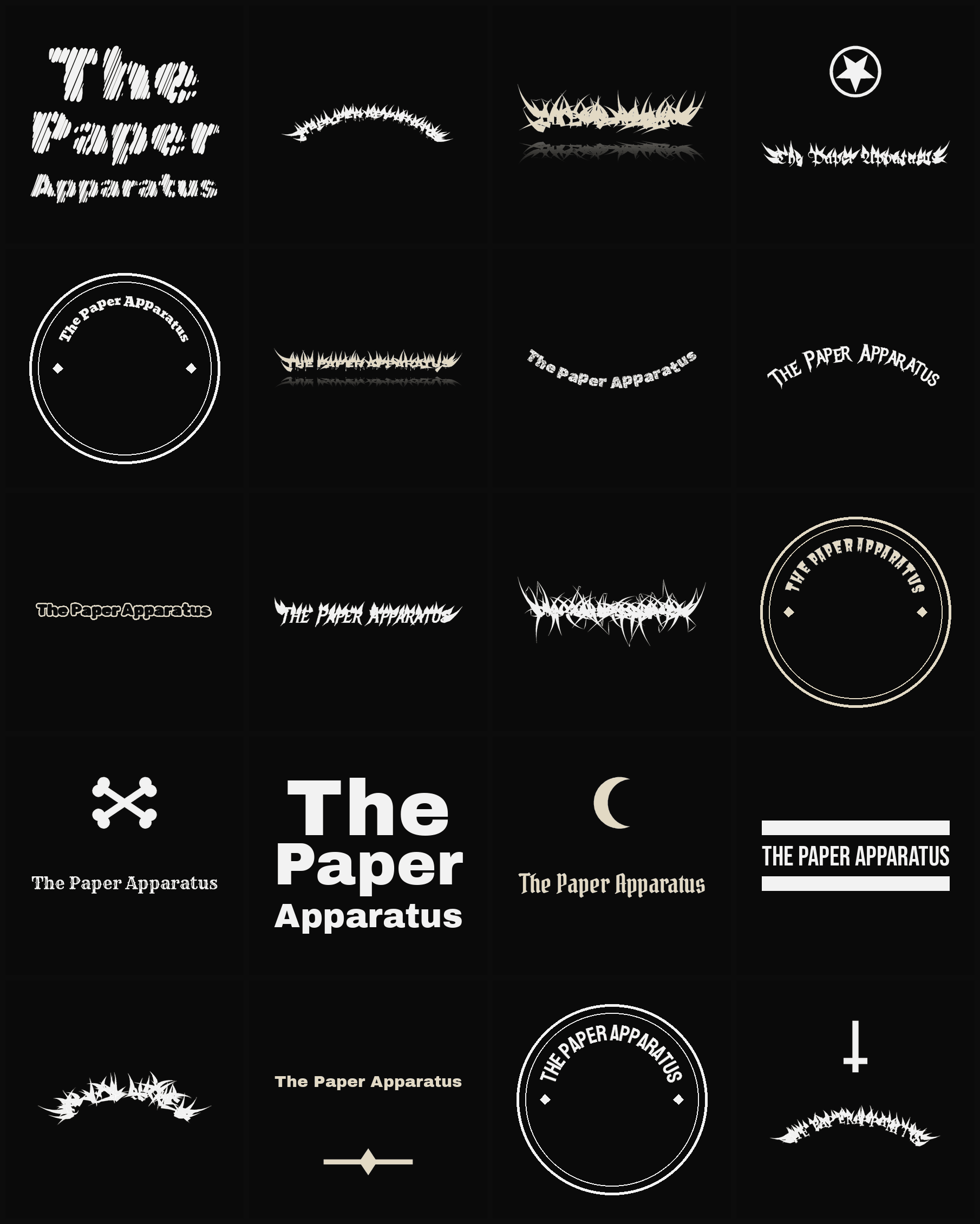 Twenty The Paper Apparatus band logo ideas — different faces, treatments and spike settings