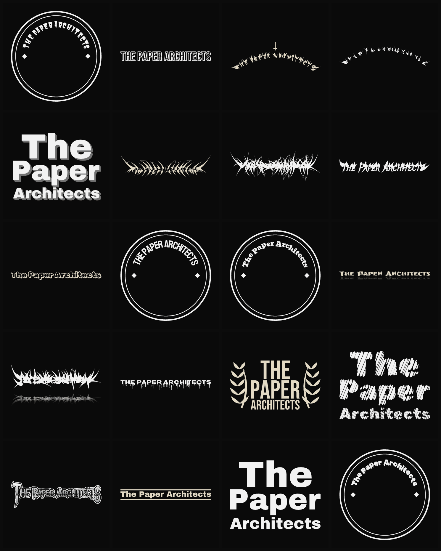 Twenty The Paper Architects band logo ideas — different faces, treatments and spike settings