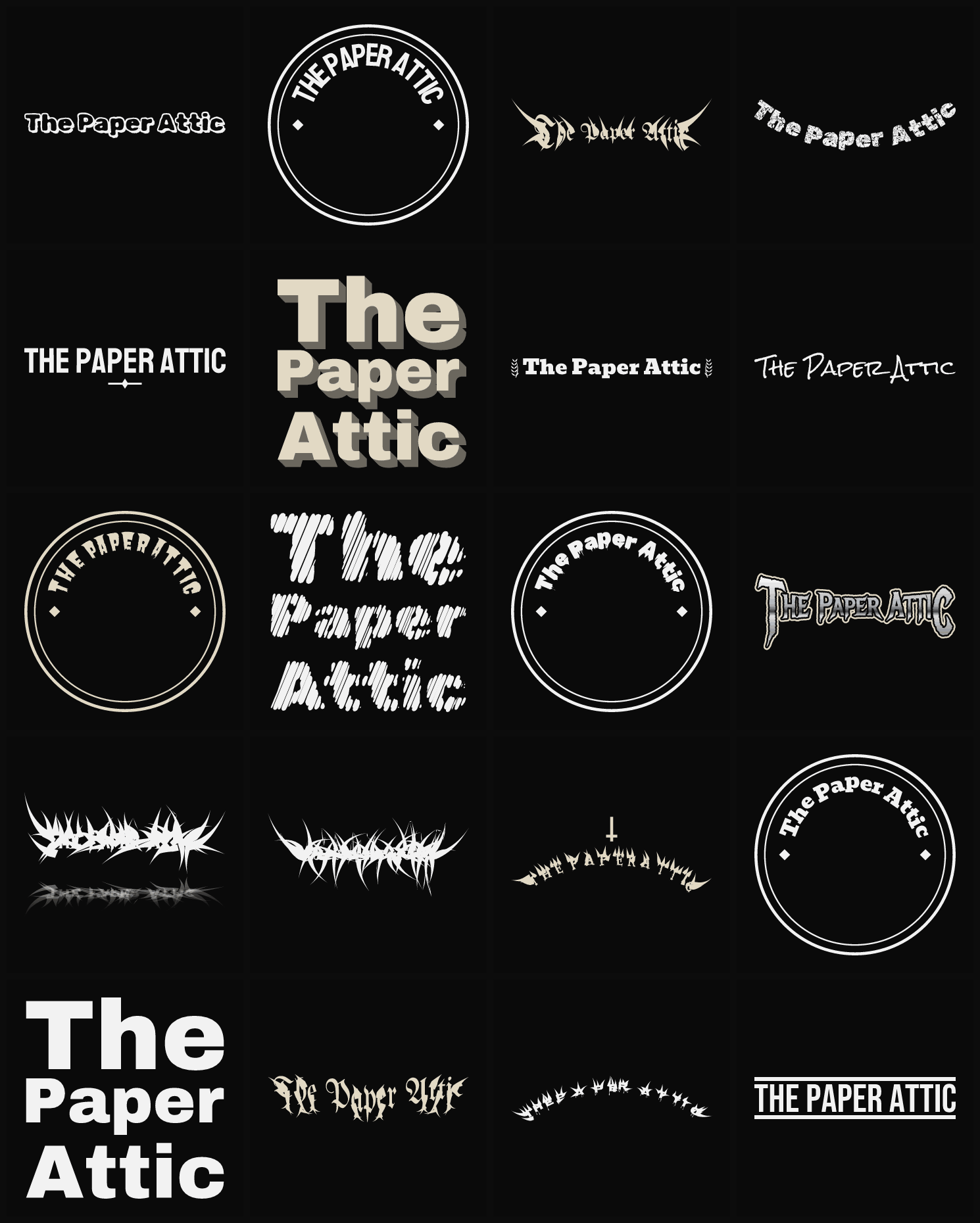 Twenty The Paper Attic band logo ideas — different faces, treatments and spike settings