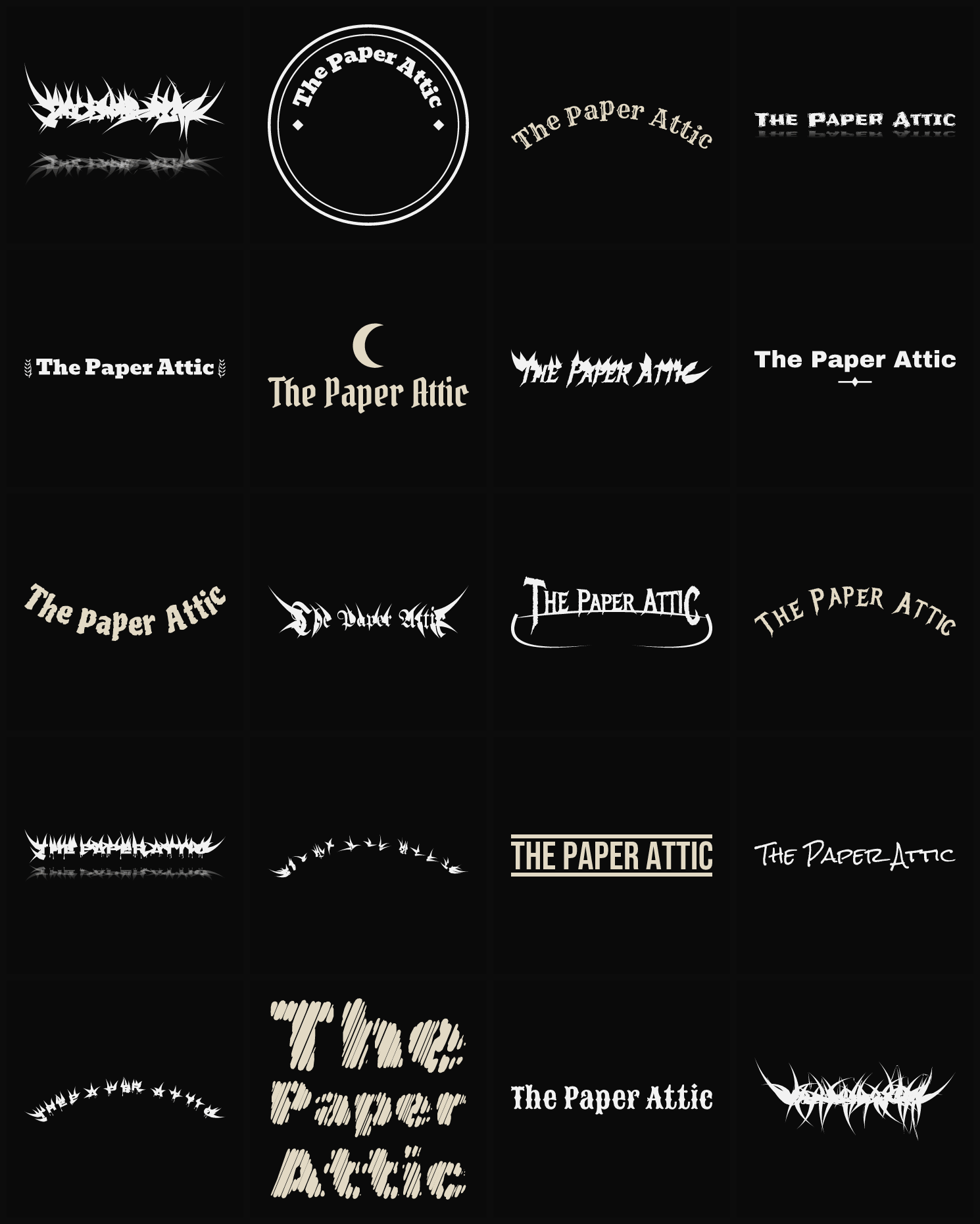 Twenty The Paper Attic band logo ideas — different faces, treatments and spike settings