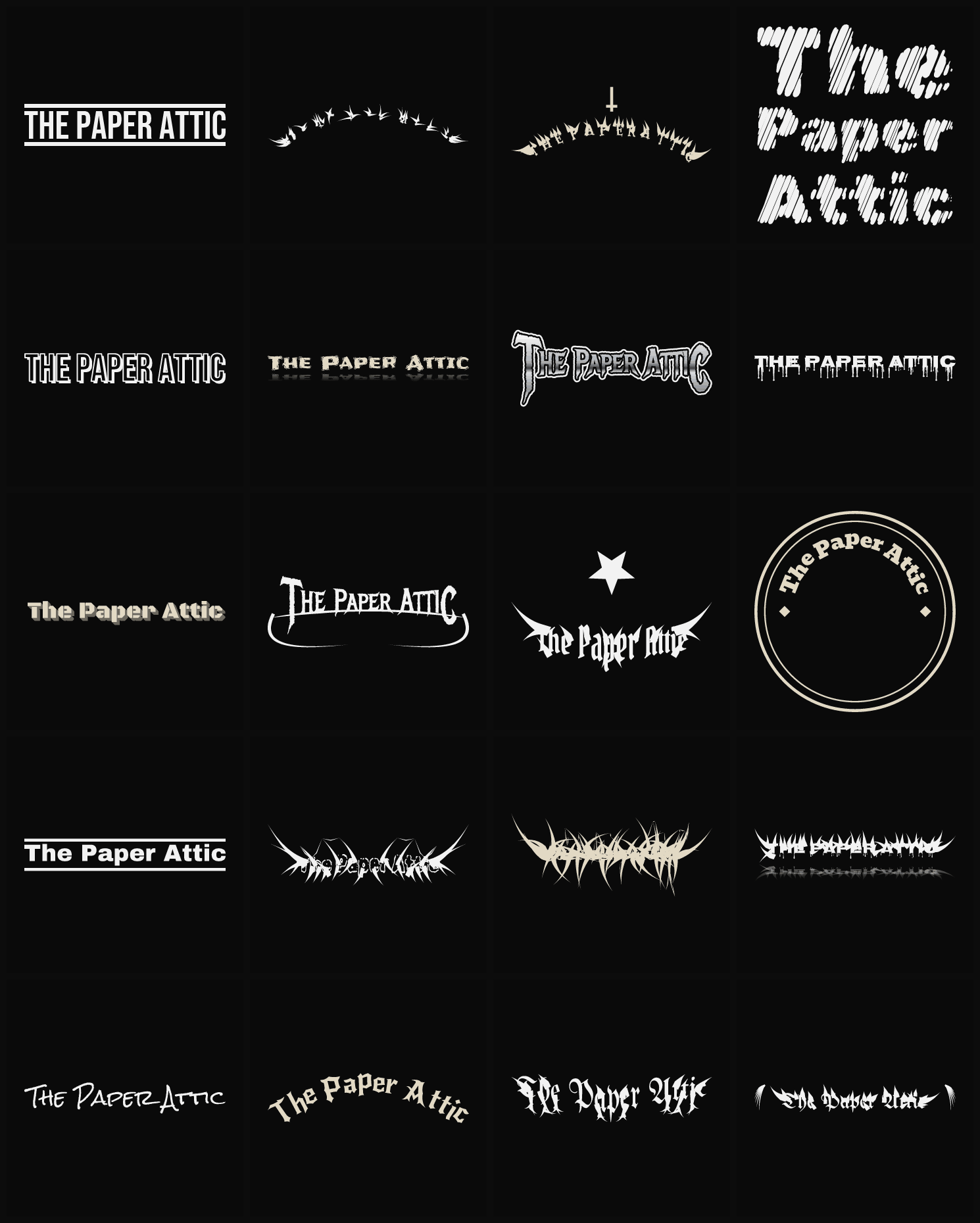 Twenty The Paper Attic band logo ideas — different faces, treatments and spike settings