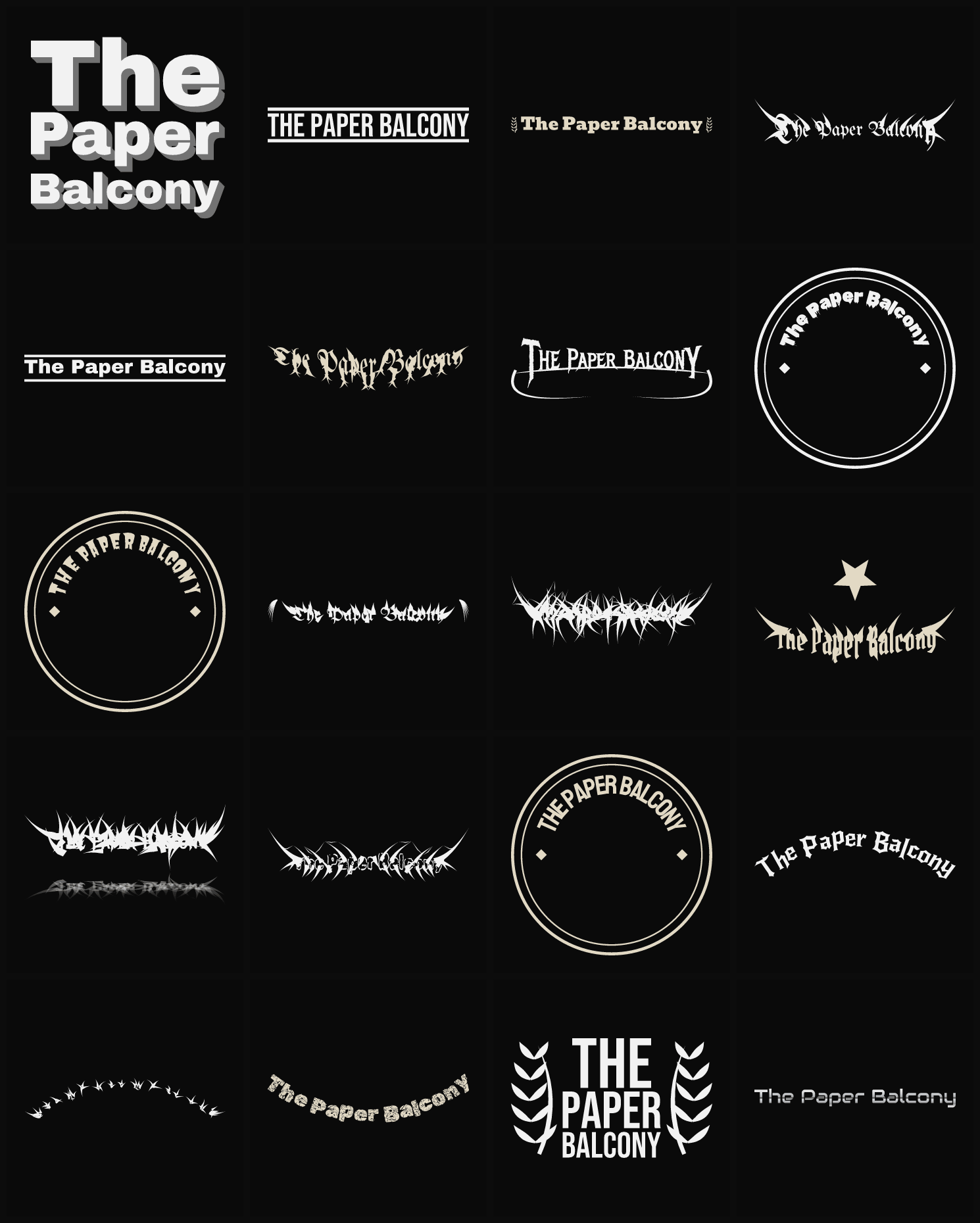 Twenty The Paper Balcony band logo ideas — different faces, treatments and spike settings