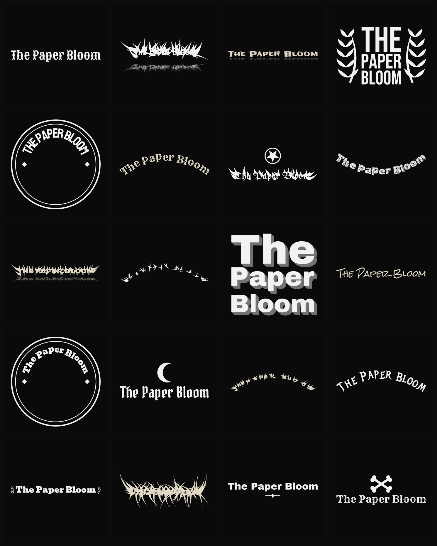 Twenty The Paper Bloom band logo ideas — different faces, treatments and spike settings