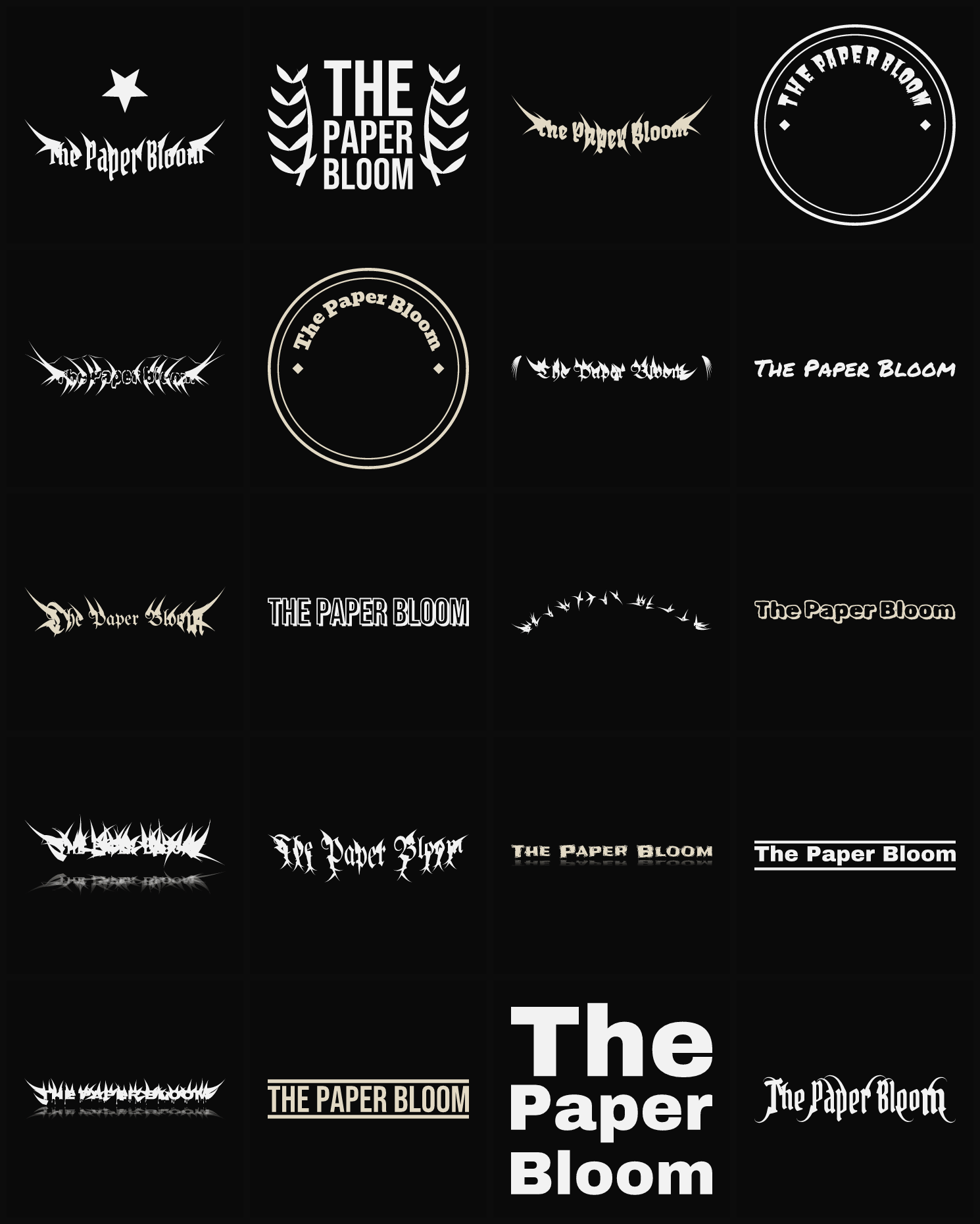 Twenty The Paper Bloom band logo ideas — different faces, treatments and spike settings