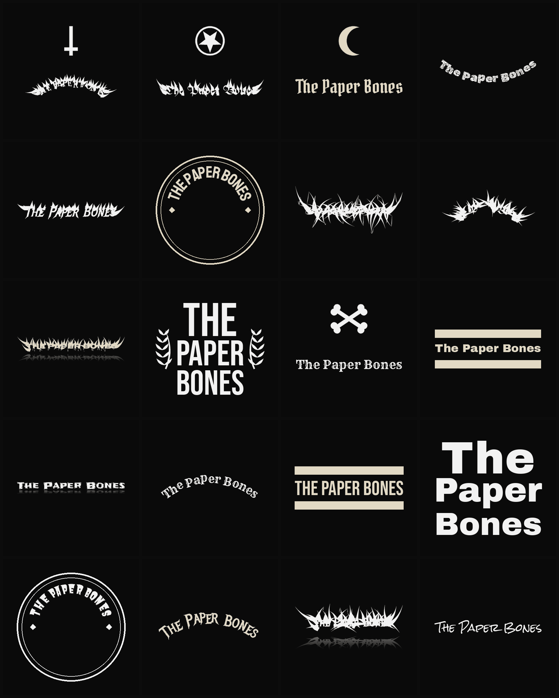 Twenty The Paper Bones band logo ideas — different faces, treatments and spike settings
