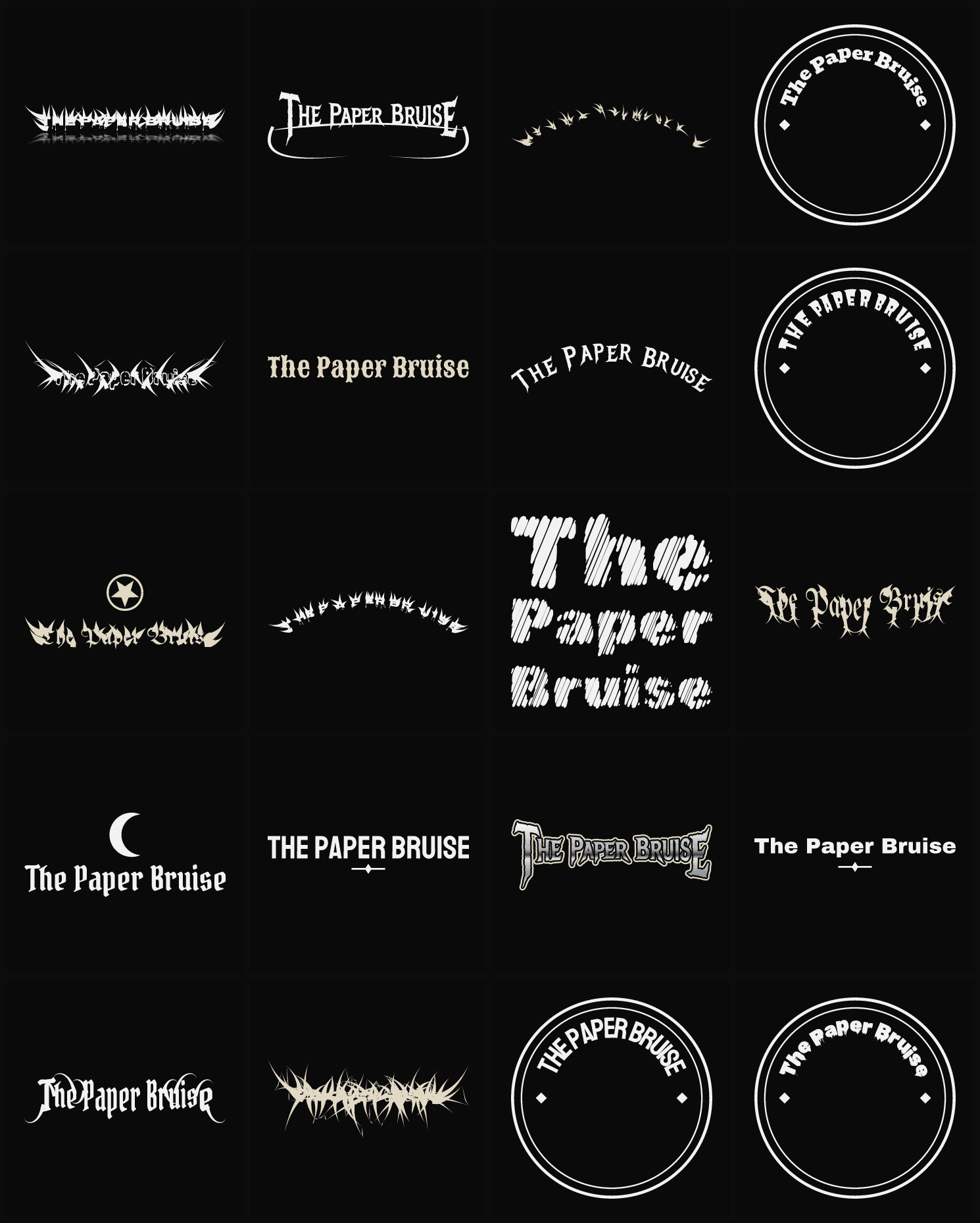 Twenty The Paper Bruise band logo ideas — different faces, treatments and spike settings
