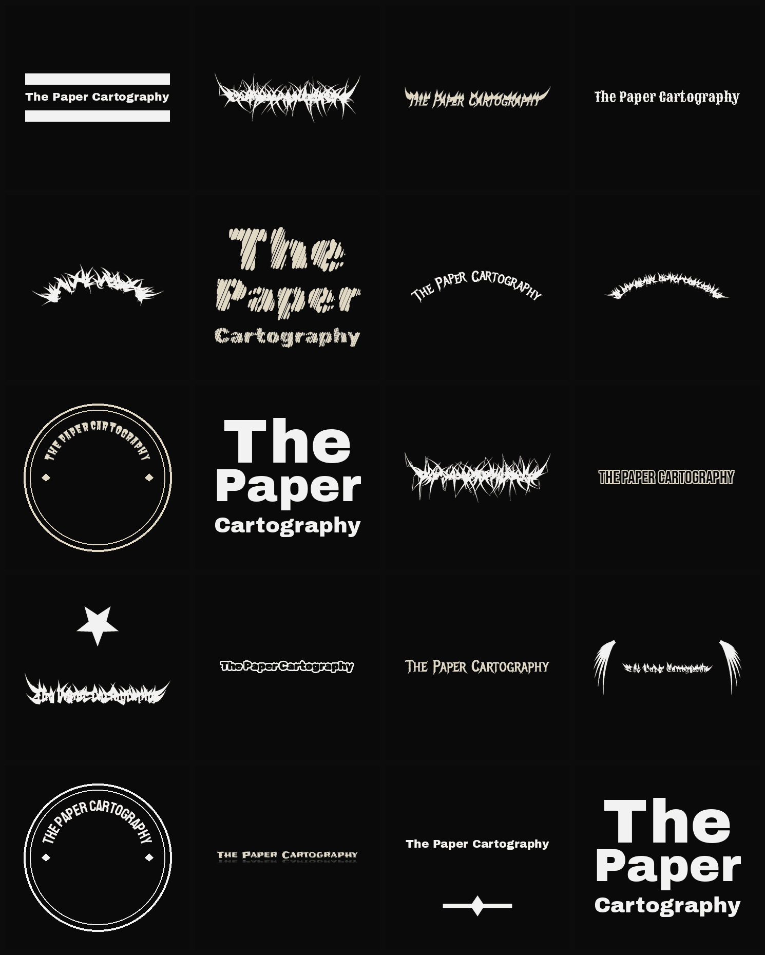 Twenty The Paper Cartography band logo ideas — different faces, treatments and spike settings