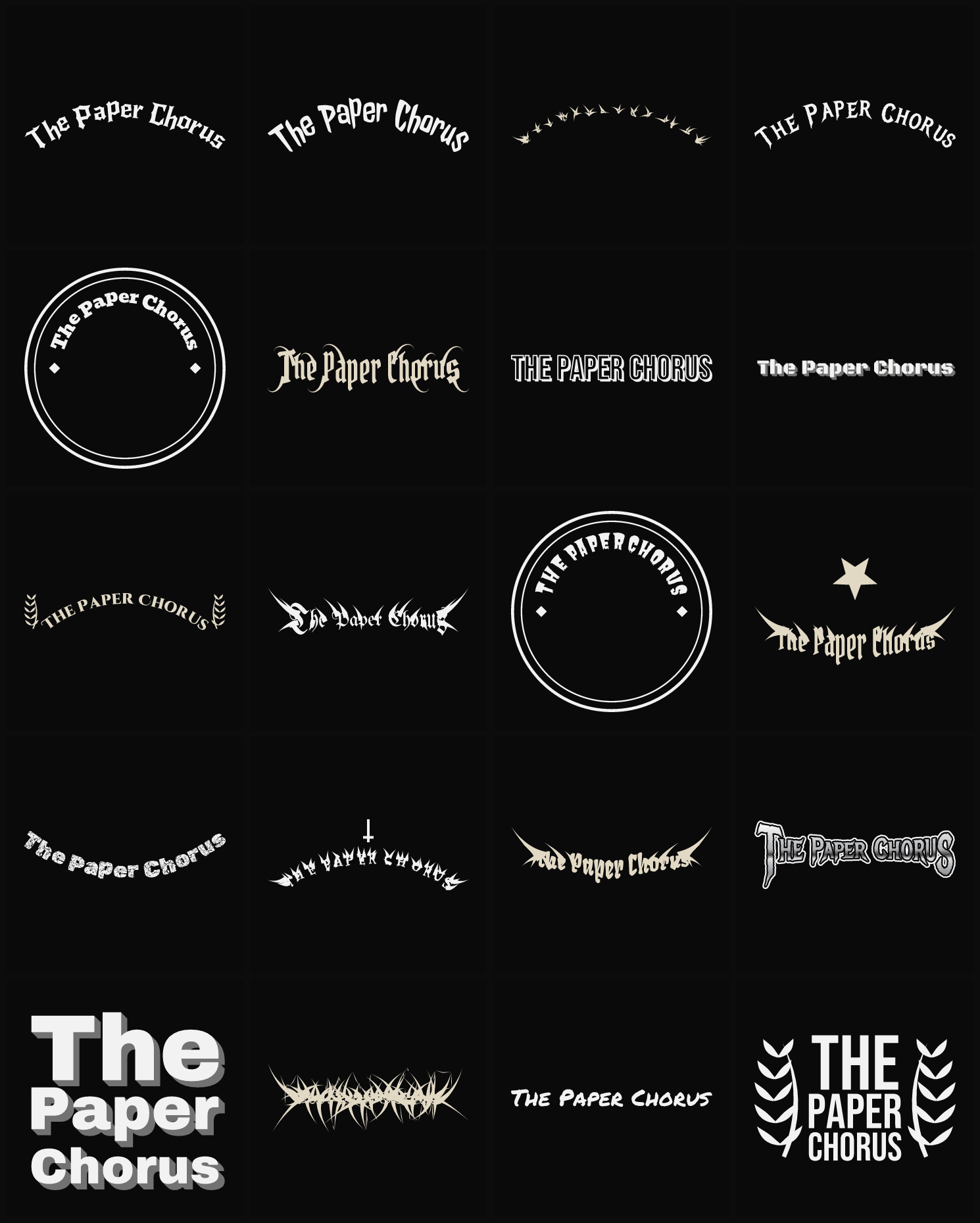 Twenty The Paper Chorus band logo ideas — different faces, treatments and spike settings