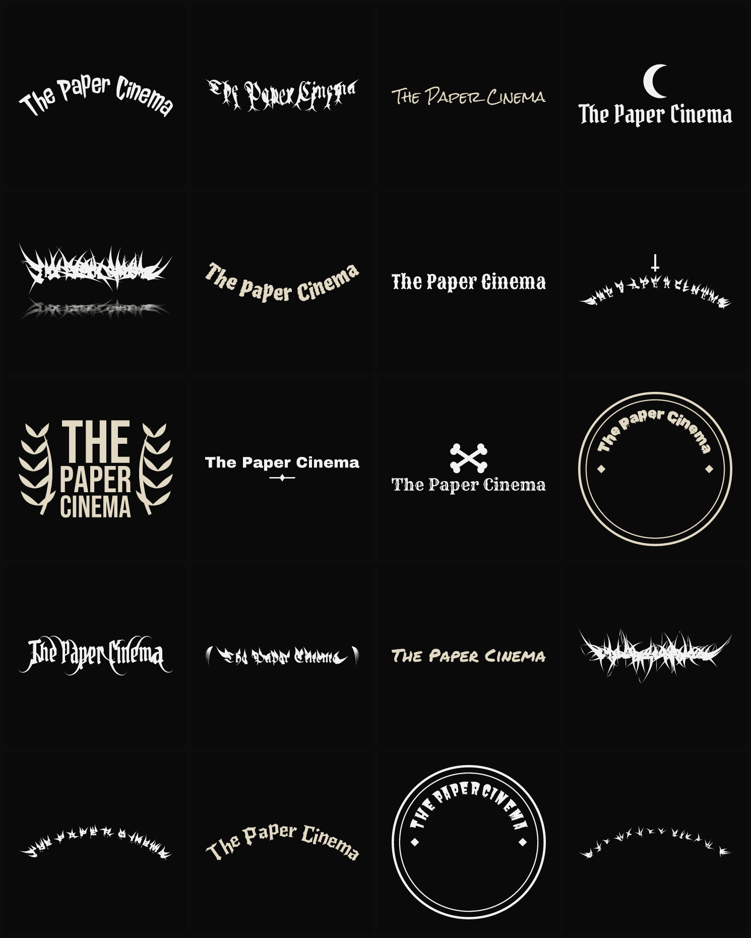 Twenty The Paper Cinema band logo ideas — different faces, treatments and spike settings