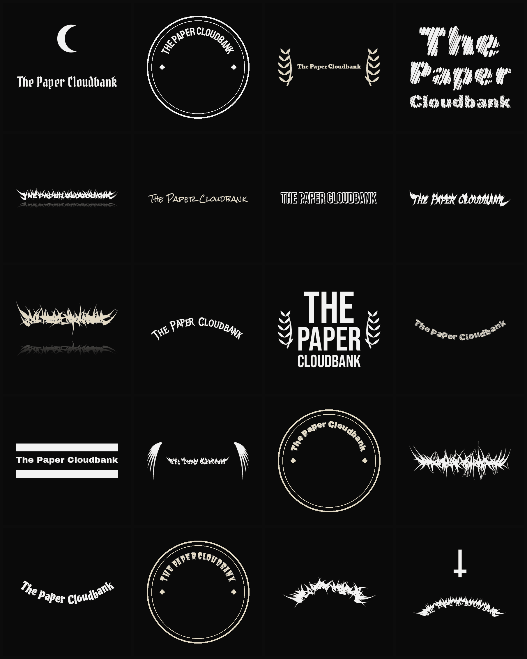 Twenty The Paper Cloudbank band logo ideas — different faces, treatments and spike settings