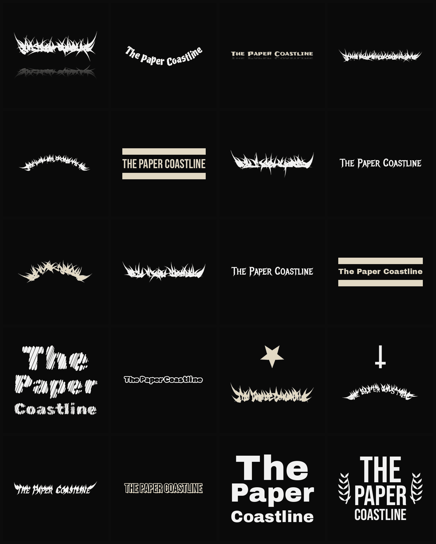Twenty The Paper Coastline band logo ideas — different faces, treatments and spike settings