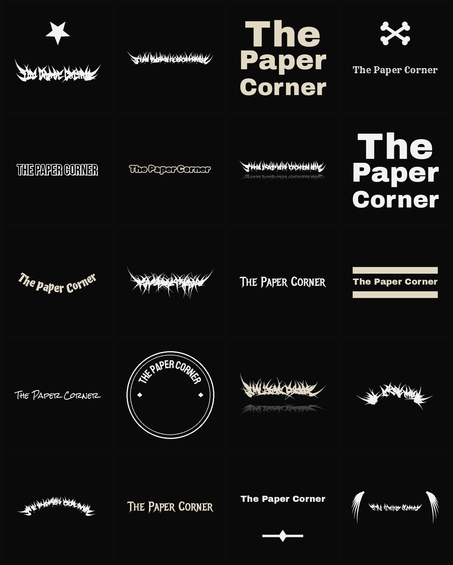 Twenty The Paper Corner band logo ideas — different faces, treatments and spike settings