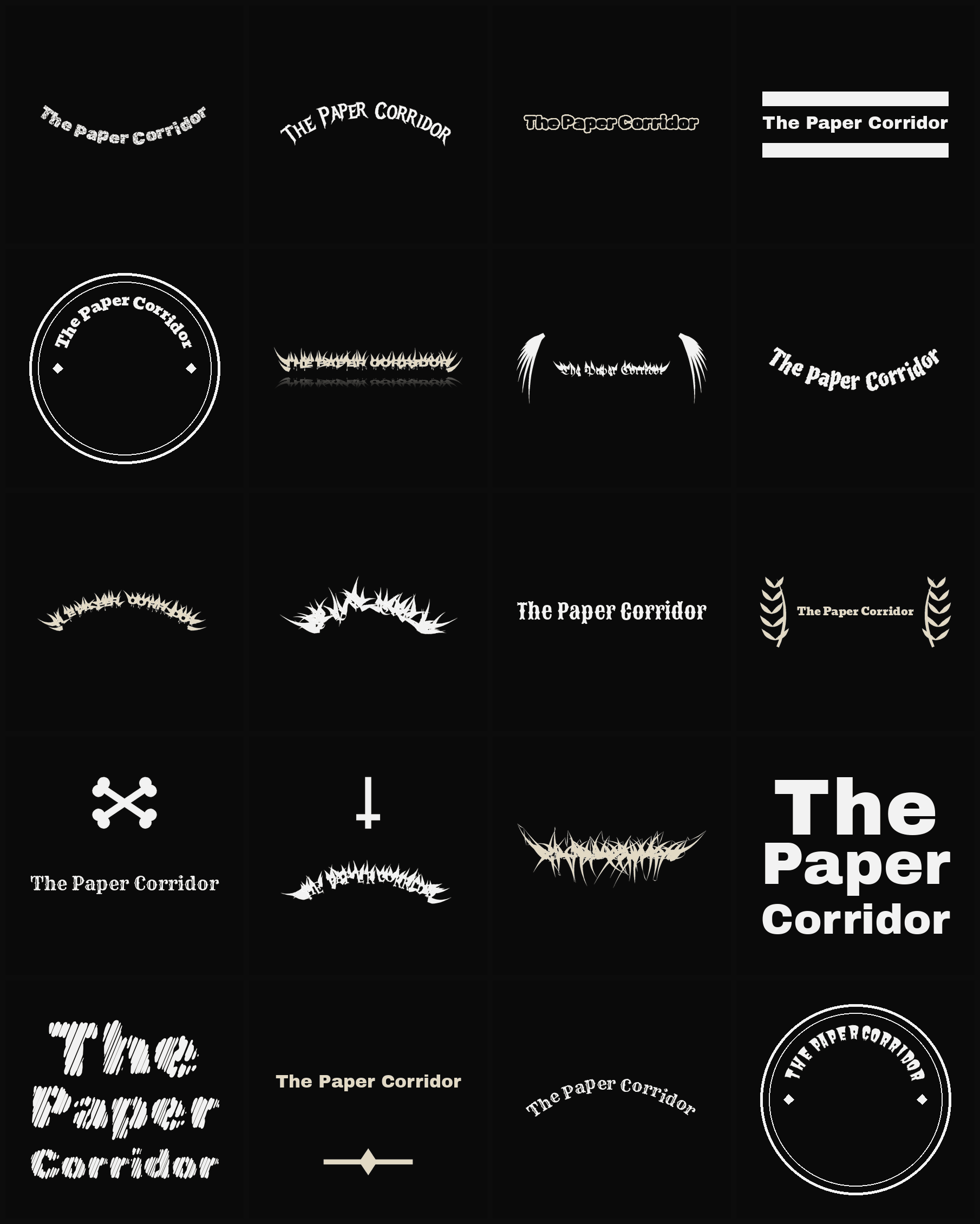 Twenty The Paper Corridor band logo ideas — different faces, treatments and spike settings