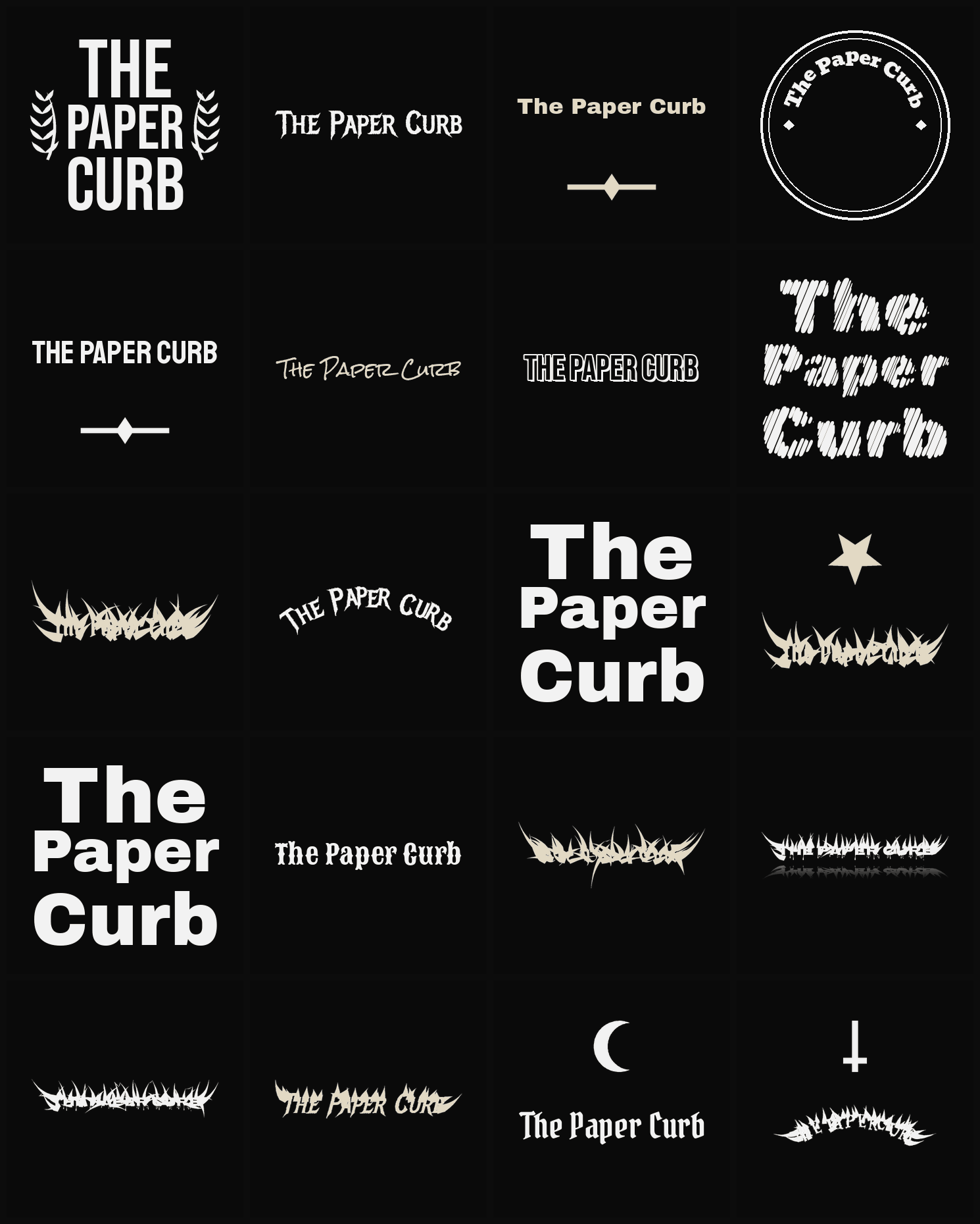 Twenty The Paper Curb band logo ideas — different faces, treatments and spike settings