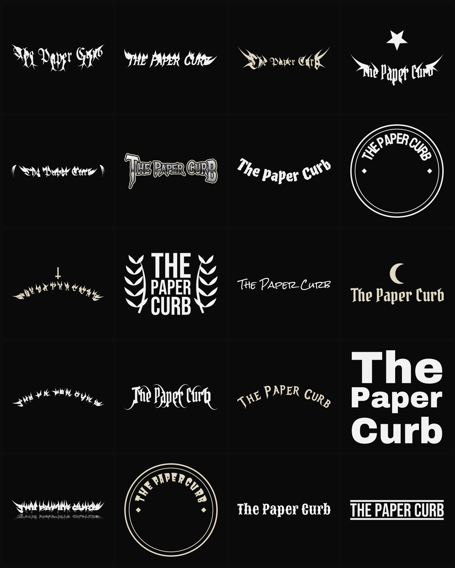 Twenty The Paper Curb band logo ideas — different faces, treatments and spike settings