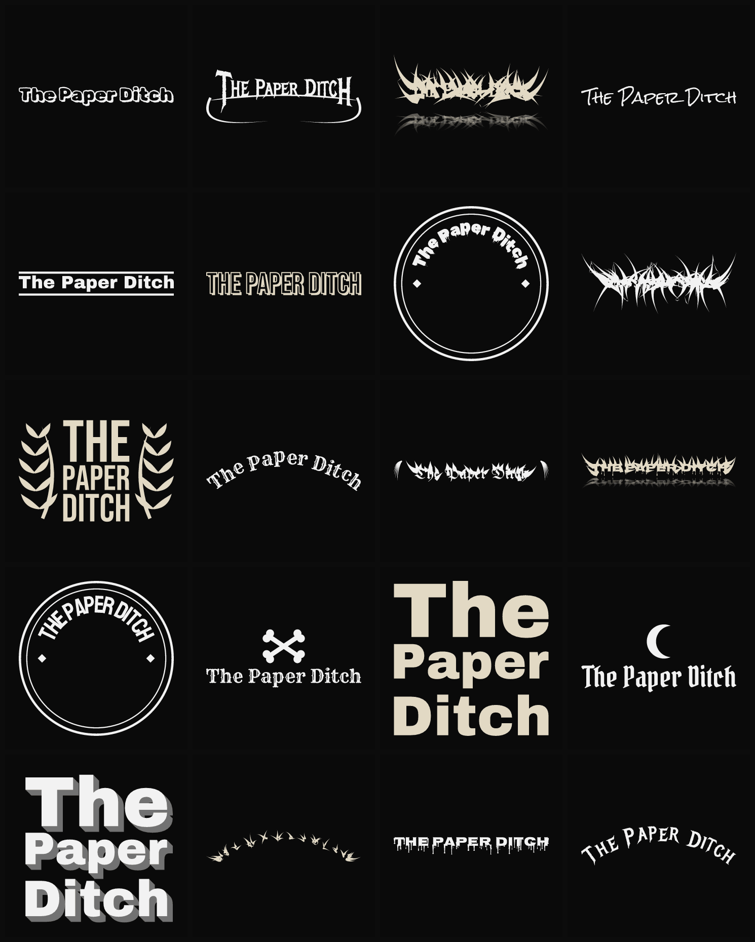 Twenty The Paper Ditch band logo ideas — different faces, treatments and spike settings