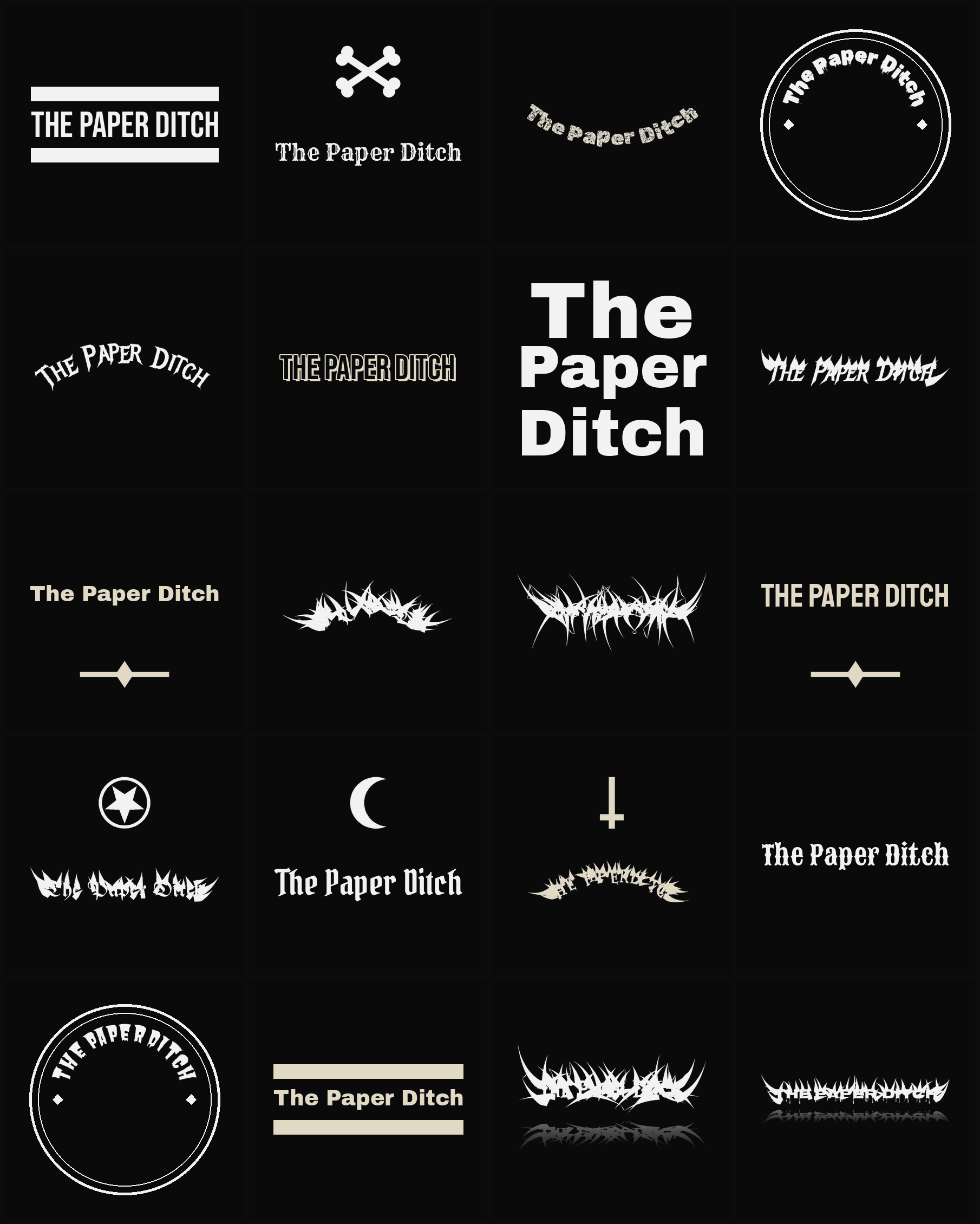 Twenty The Paper Ditch band logo ideas — different faces, treatments and spike settings