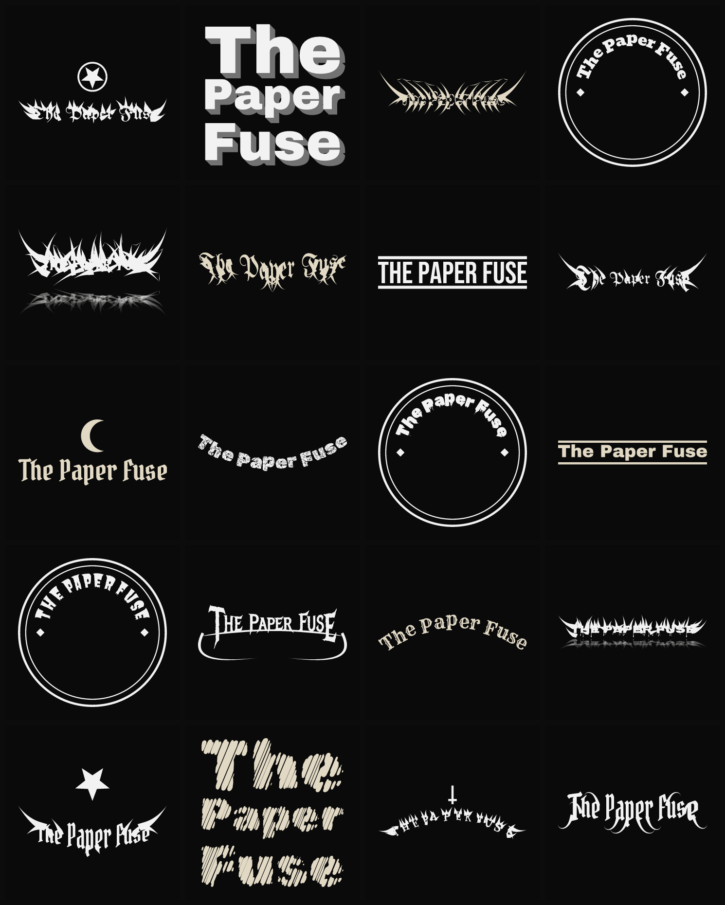 Twenty The Paper Fuse band logo ideas — different faces, treatments and spike settings