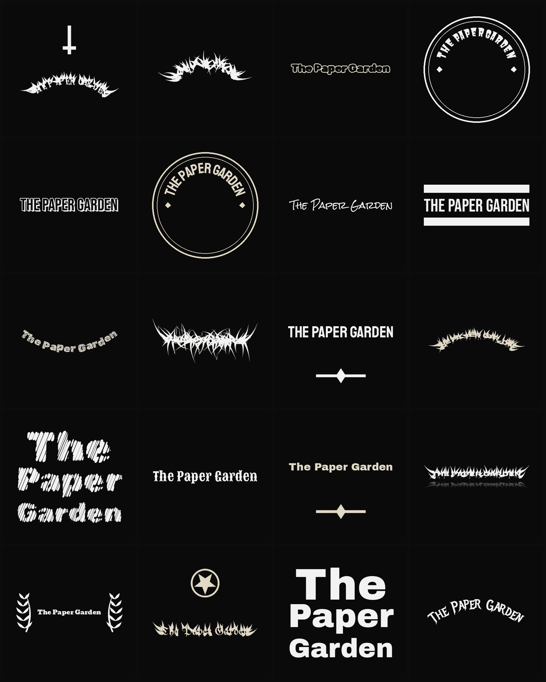 Twenty The Paper Garden band logo ideas — different faces, treatments and spike settings