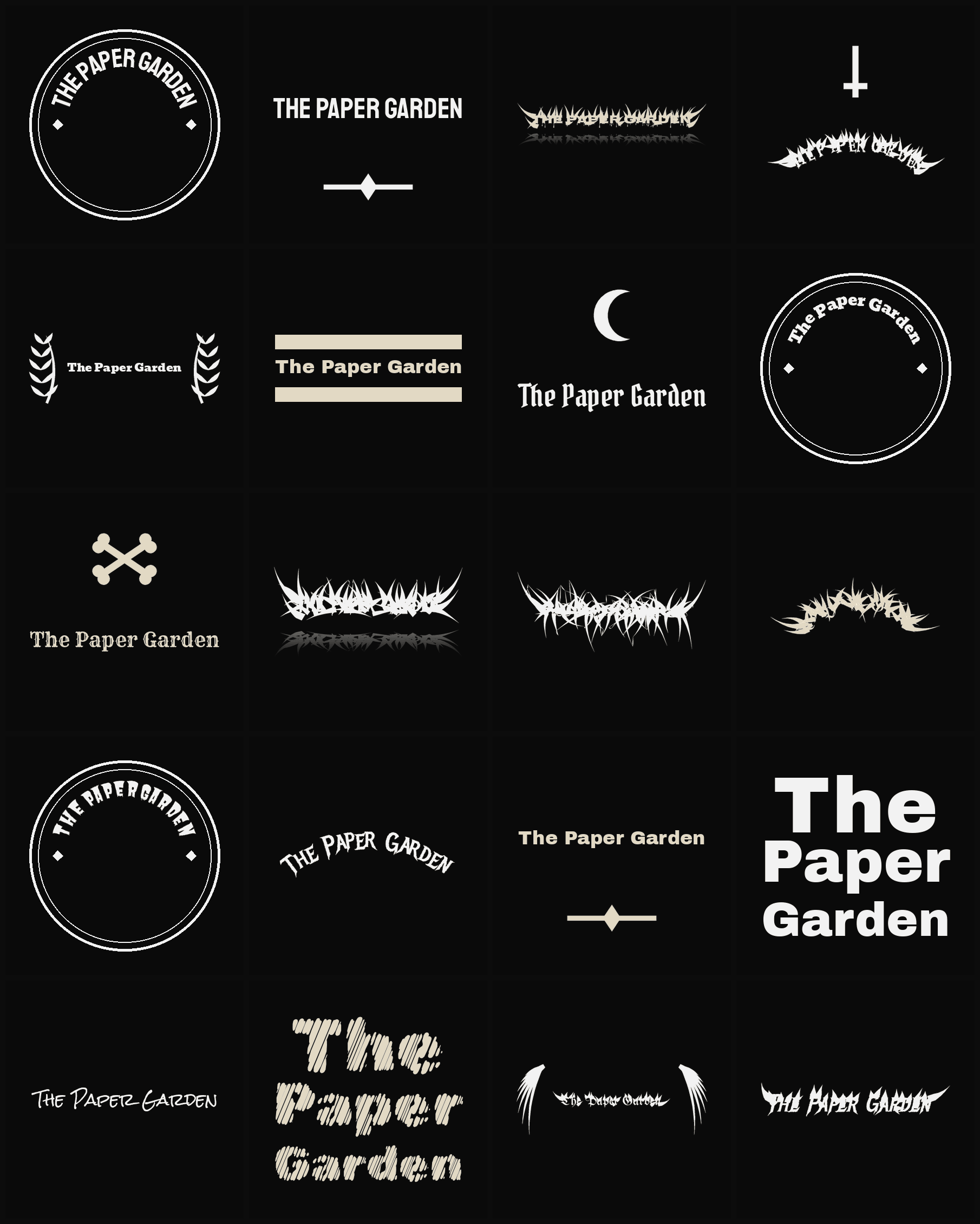 Twenty The Paper Garden band logo ideas — different faces, treatments and spike settings