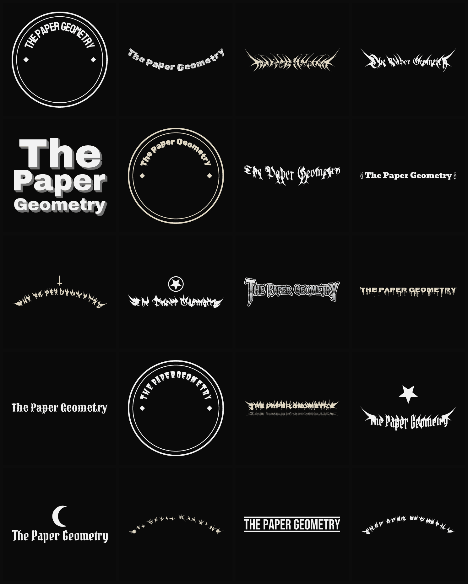 Twenty The Paper Geometry band logo ideas — different faces, treatments and spike settings