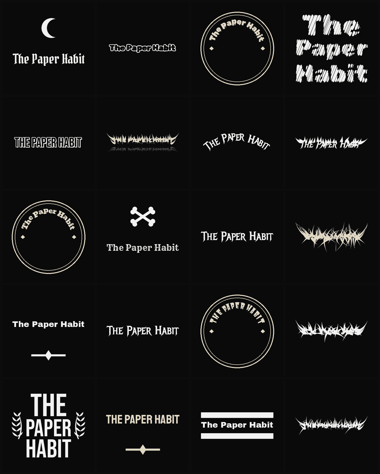 Twenty The Paper Habit band logo ideas — different faces, treatments and spike settings