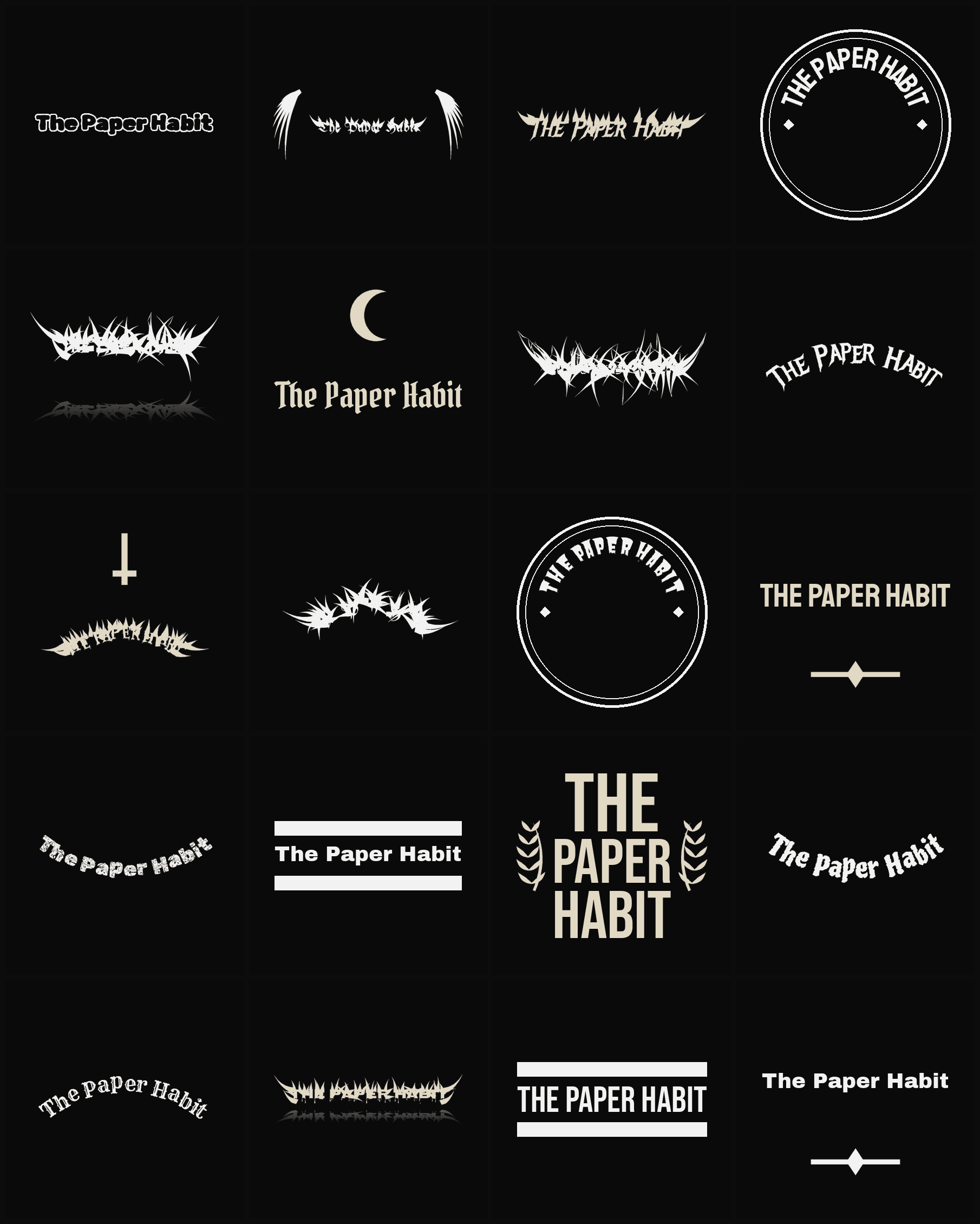 Twenty The Paper Habit band logo ideas — different faces, treatments and spike settings