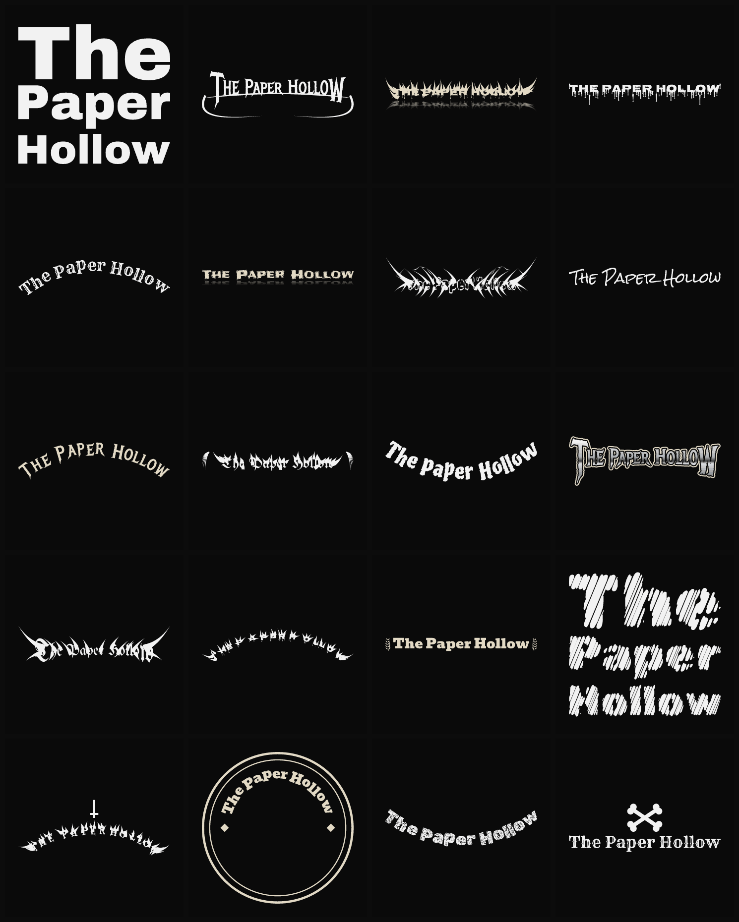 Twenty The Paper Hollow band logo ideas — different faces, treatments and spike settings