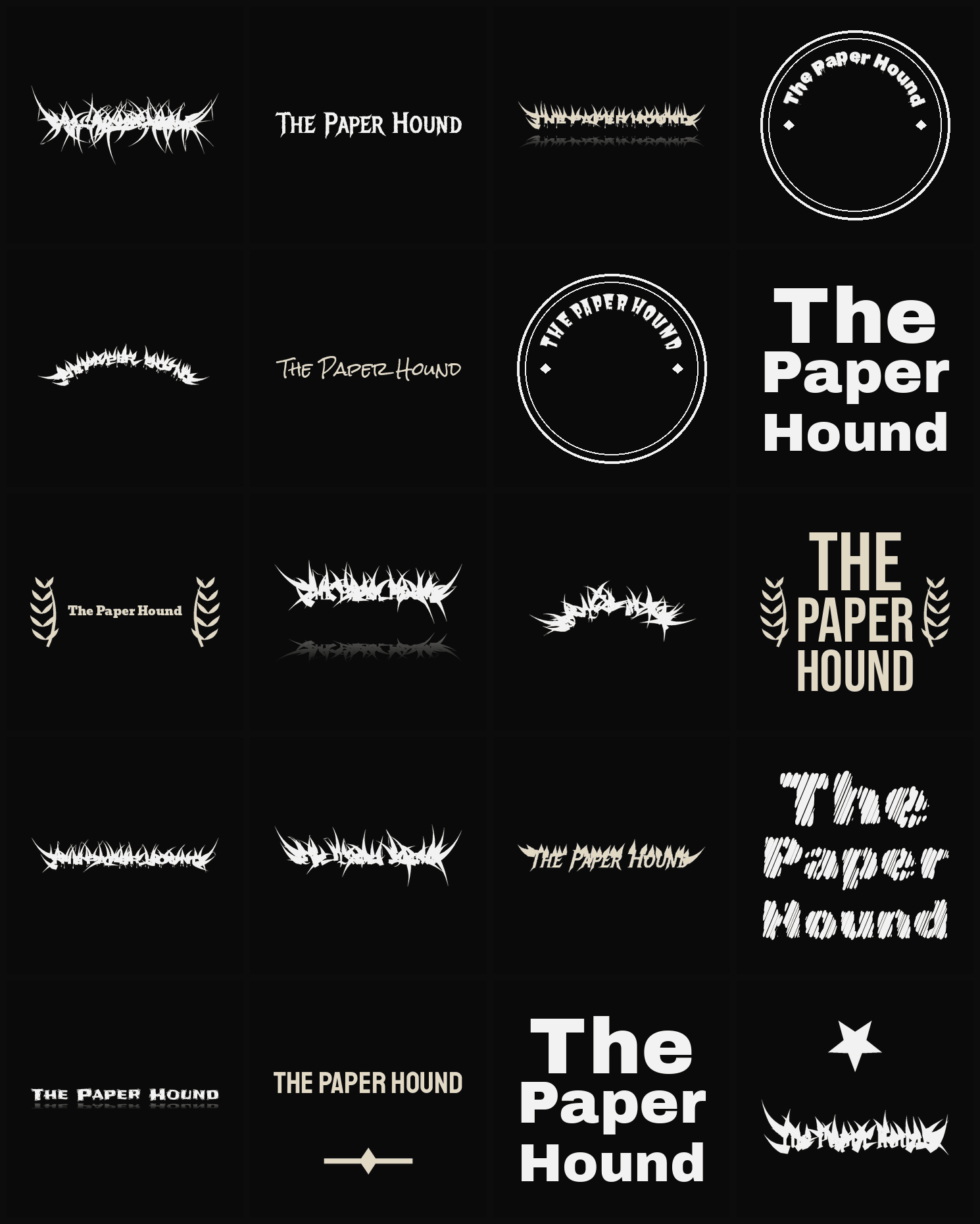 Twenty The Paper Hound band logo ideas — different faces, treatments and spike settings
