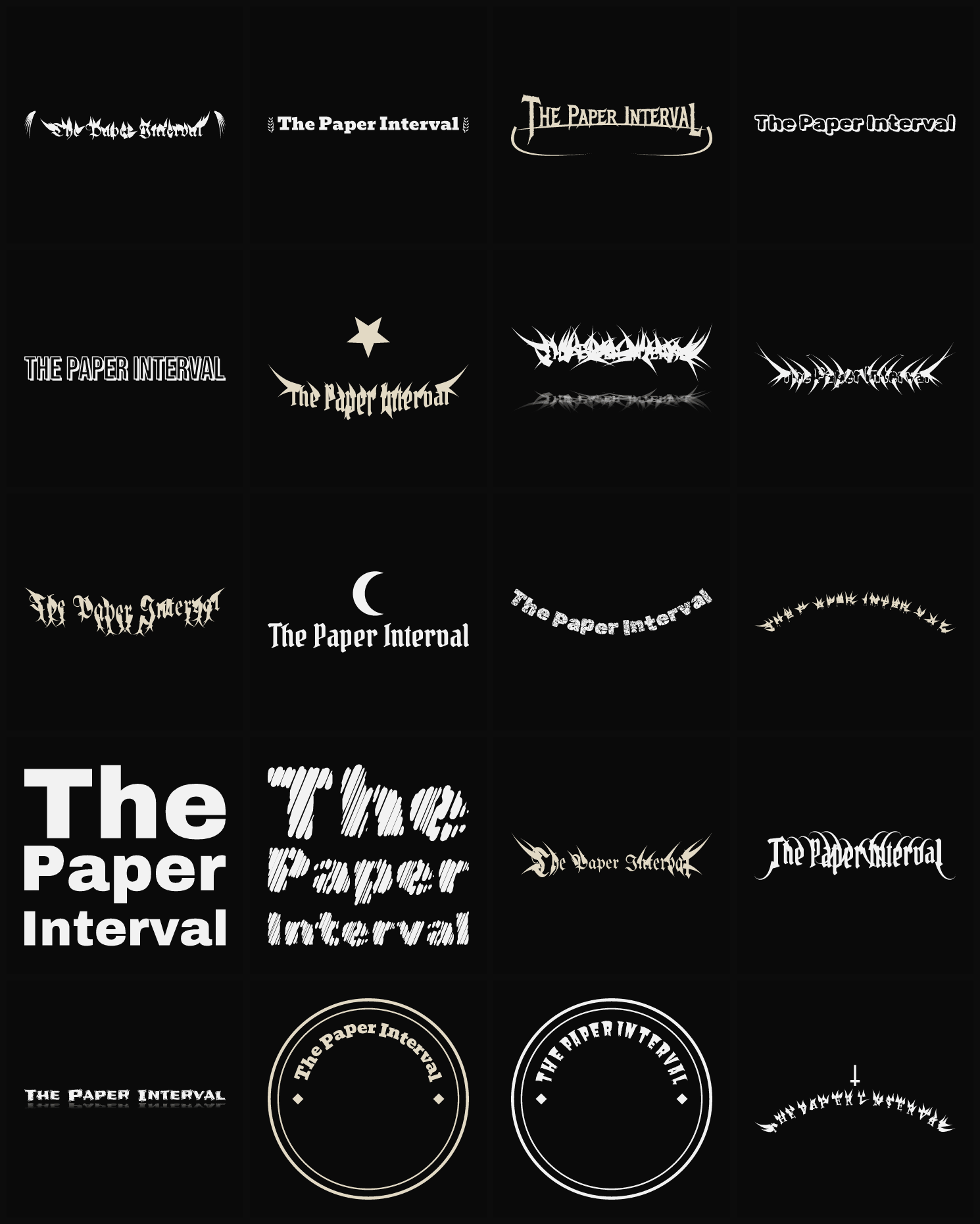 Twenty The Paper Interval band logo ideas — different faces, treatments and spike settings