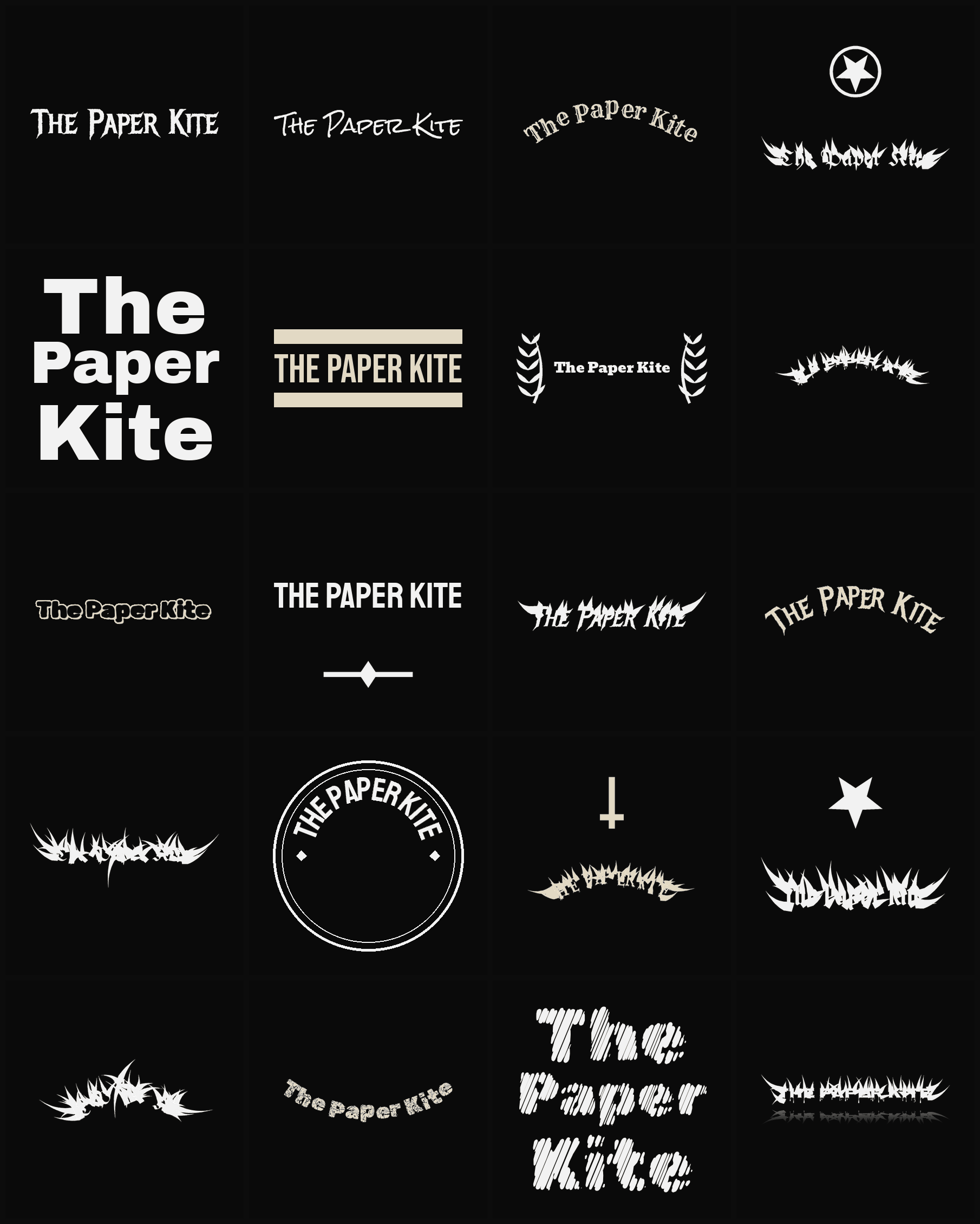 Twenty The Paper Kite band logo ideas — different faces, treatments and spike settings
