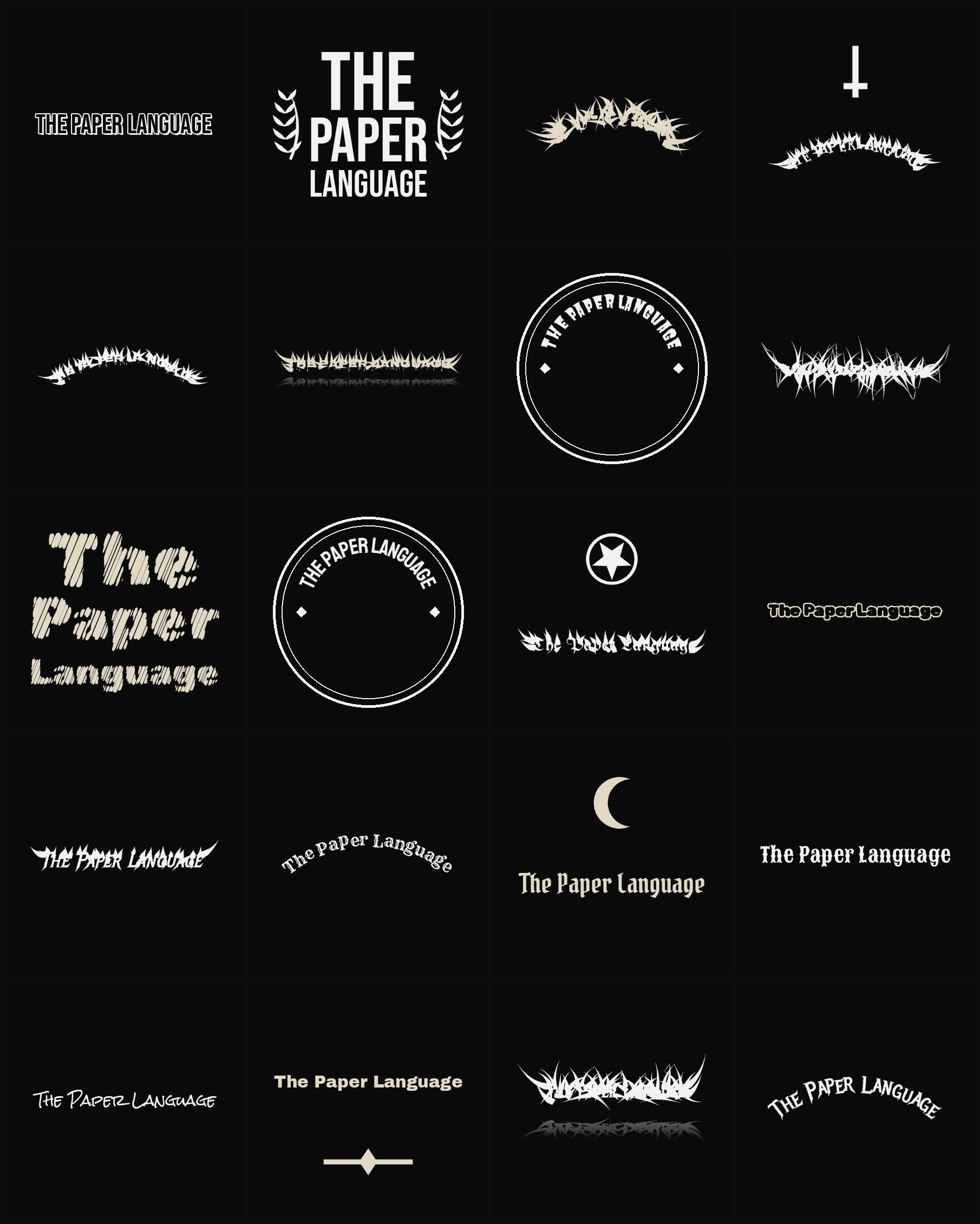 Twenty The Paper Language band logo ideas — different faces, treatments and spike settings