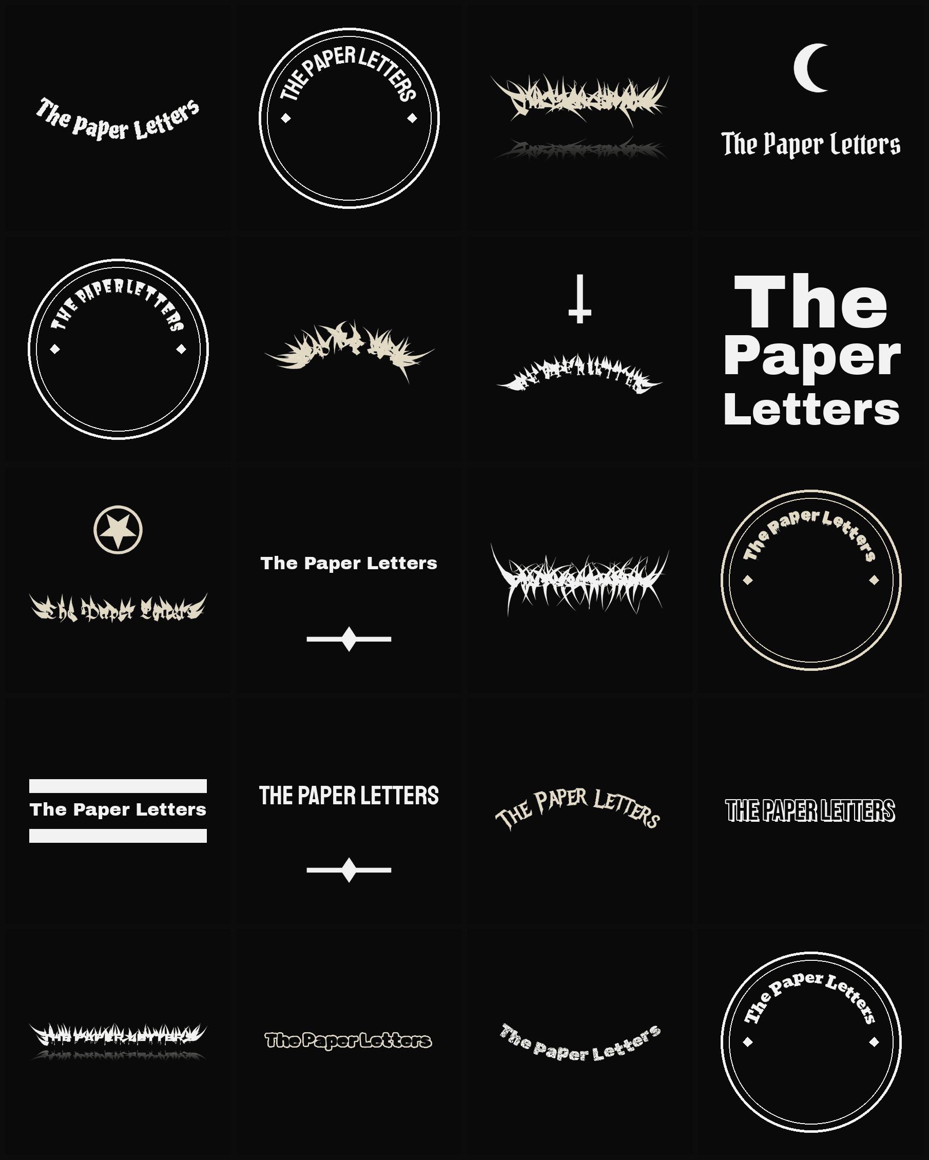 Twenty The Paper Letters band logo ideas — different faces, treatments and spike settings