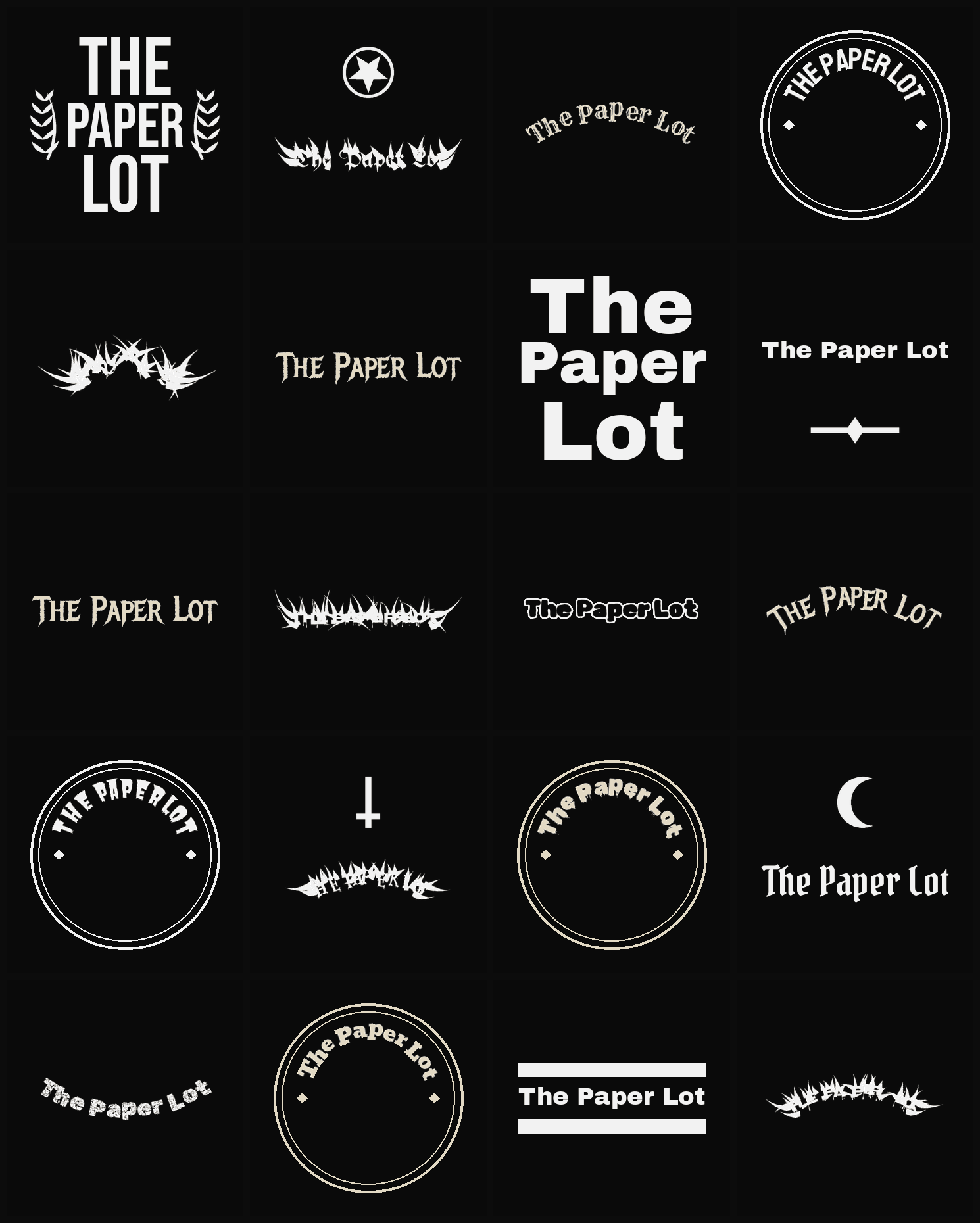 Twenty The Paper Lot band logo ideas — different faces, treatments and spike settings