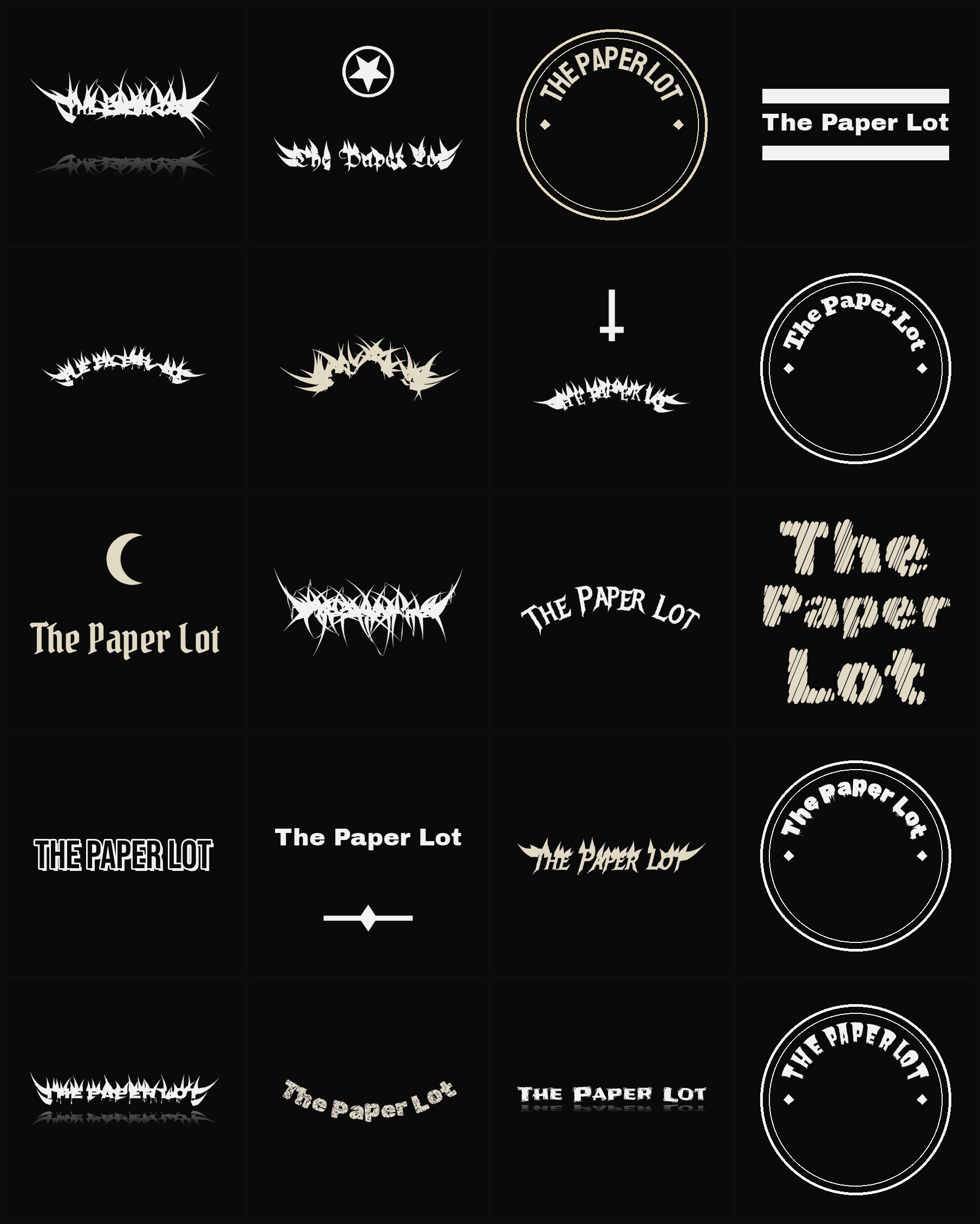 Twenty The Paper Lot band logo ideas — different faces, treatments and spike settings