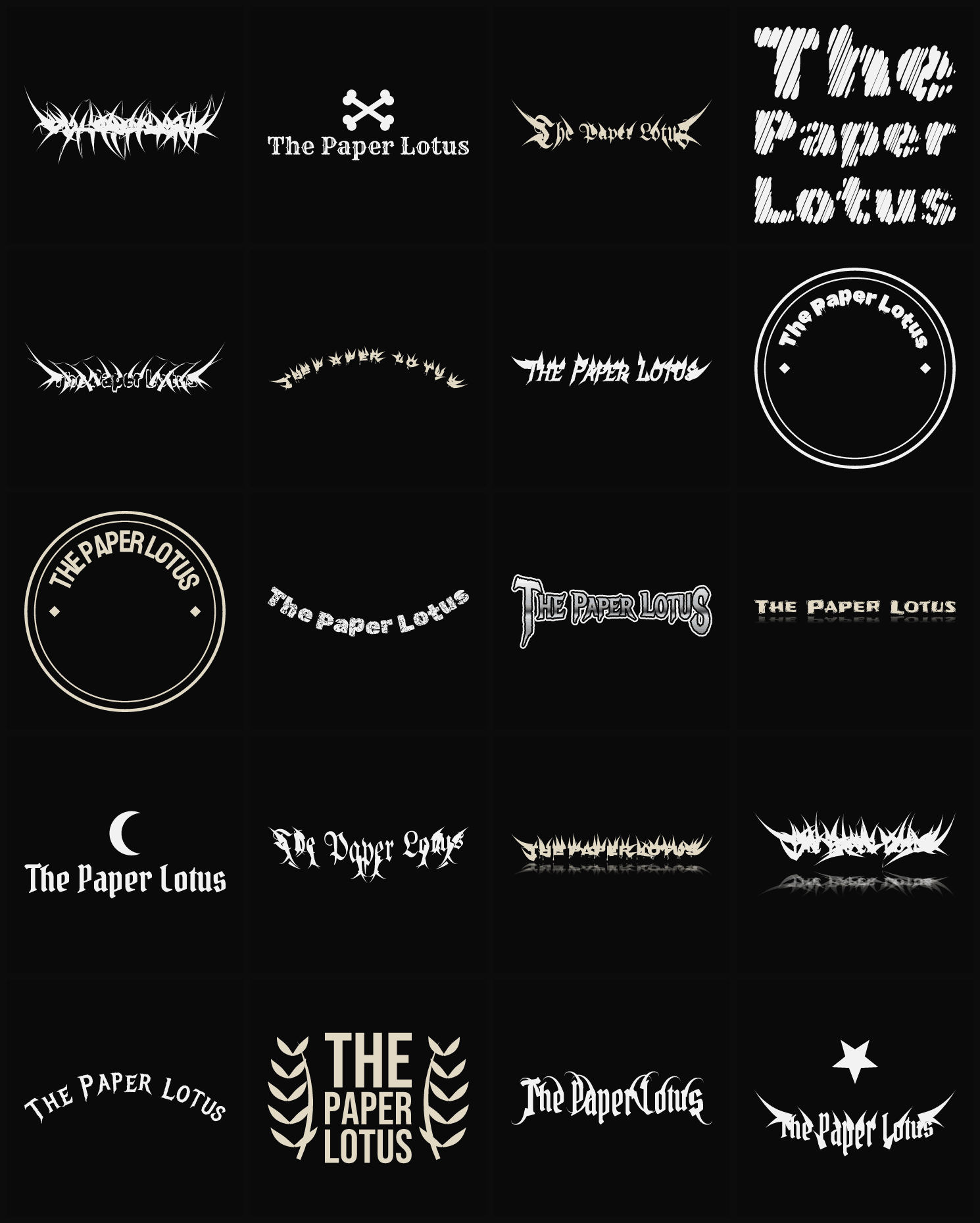 Twenty The Paper Lotus band logo ideas — different faces, treatments and spike settings