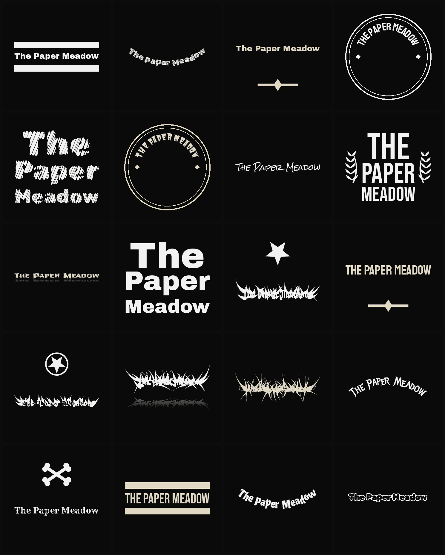 Twenty The Paper Meadow band logo ideas — different faces, treatments and spike settings