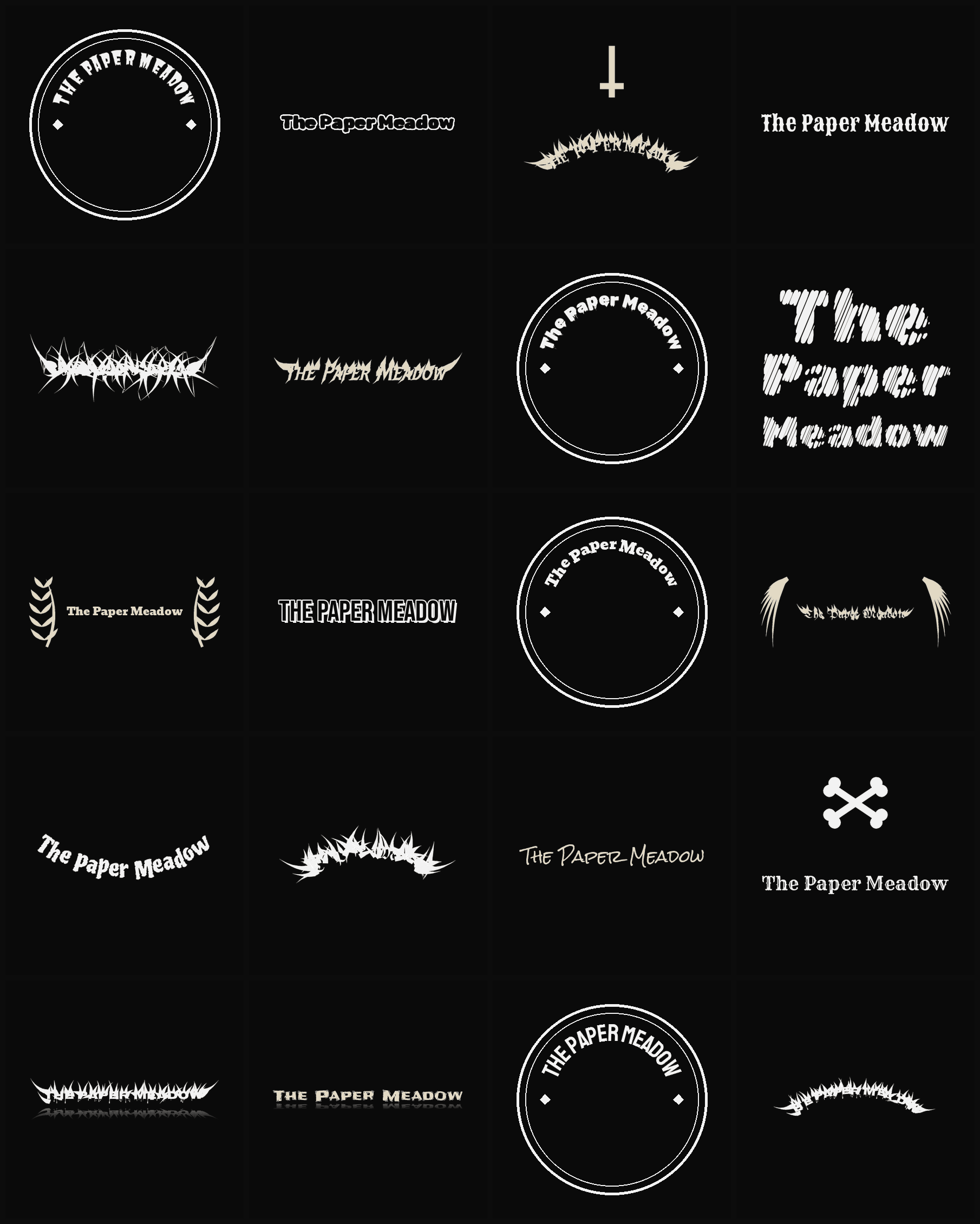 Twenty The Paper Meadow band logo ideas — different faces, treatments and spike settings
