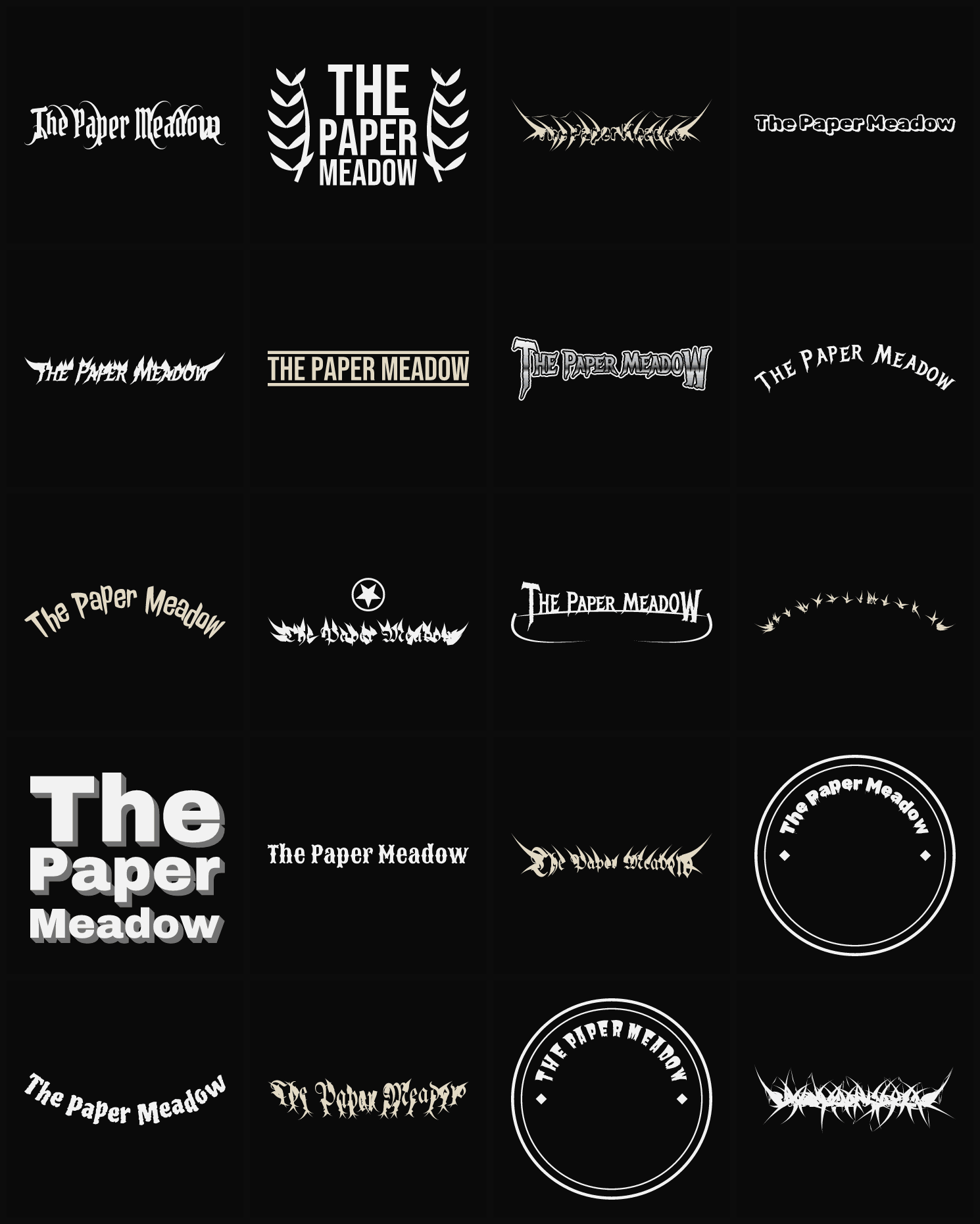 Twenty The Paper Meadow band logo ideas — different faces, treatments and spike settings