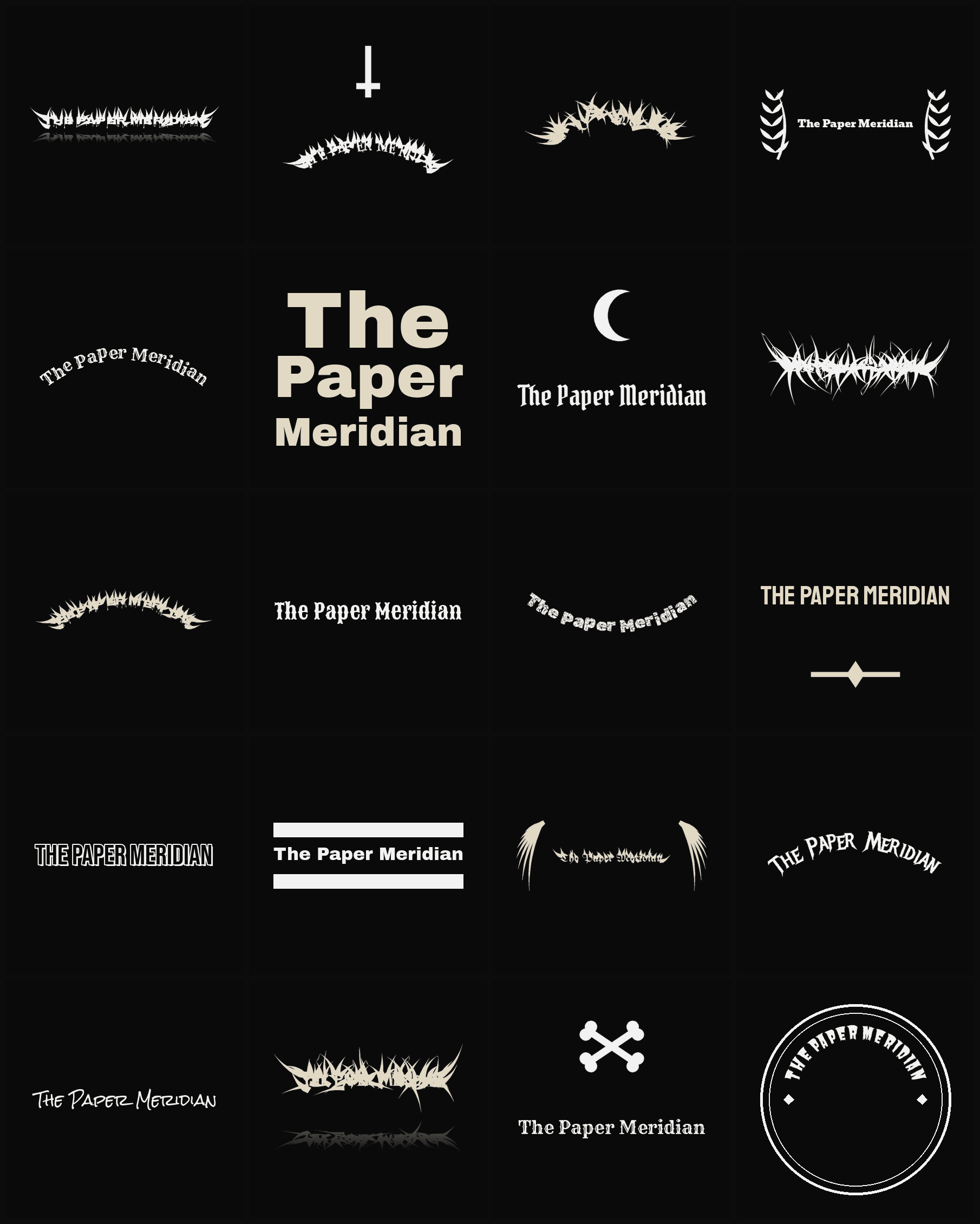 Twenty The Paper Meridian band logo ideas — different faces, treatments and spike settings