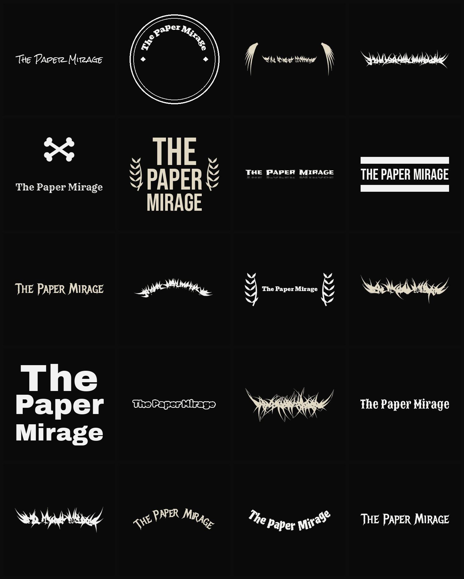 Twenty The Paper Mirage band logo ideas — different faces, treatments and spike settings