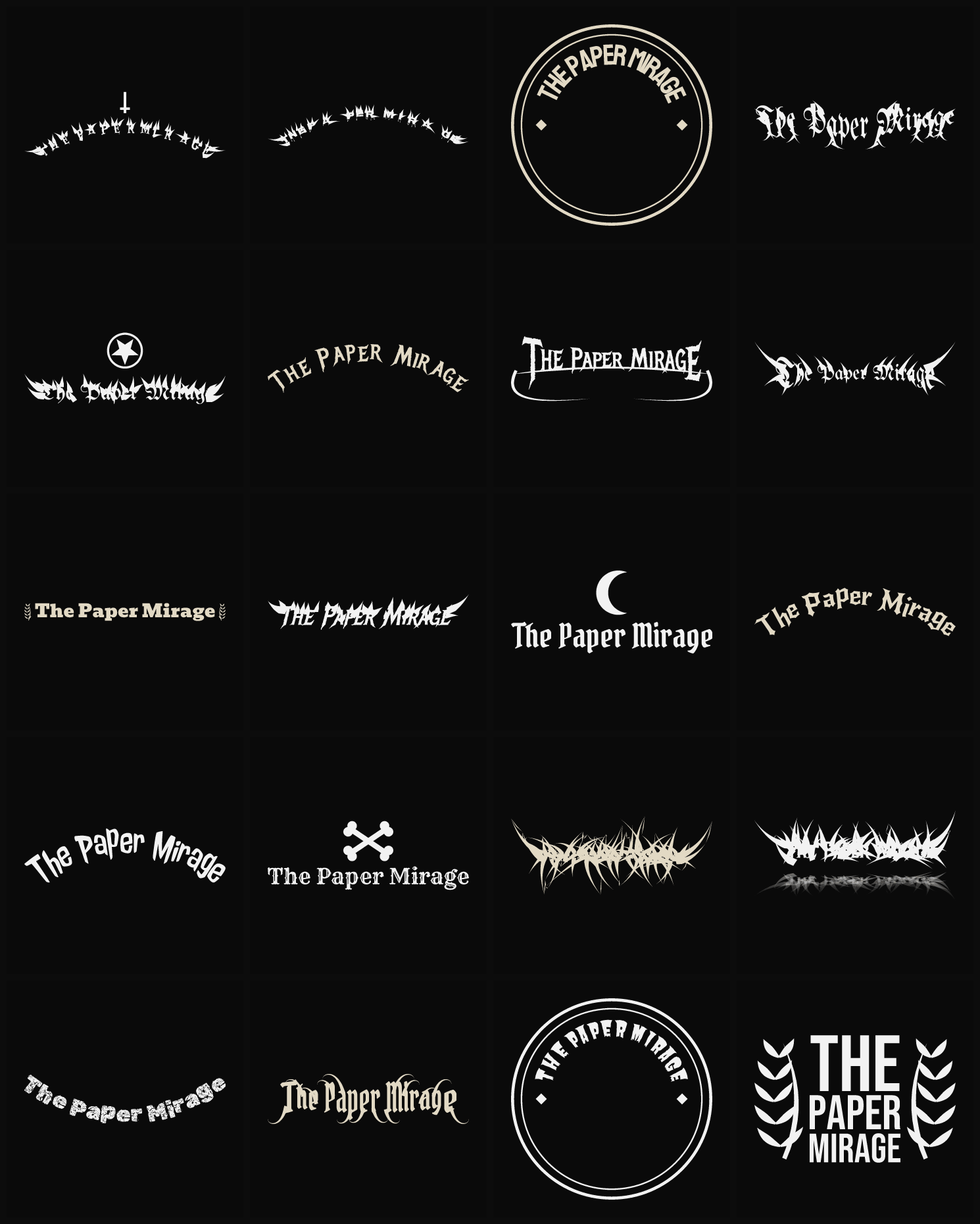 Twenty The Paper Mirage band logo ideas — different faces, treatments and spike settings